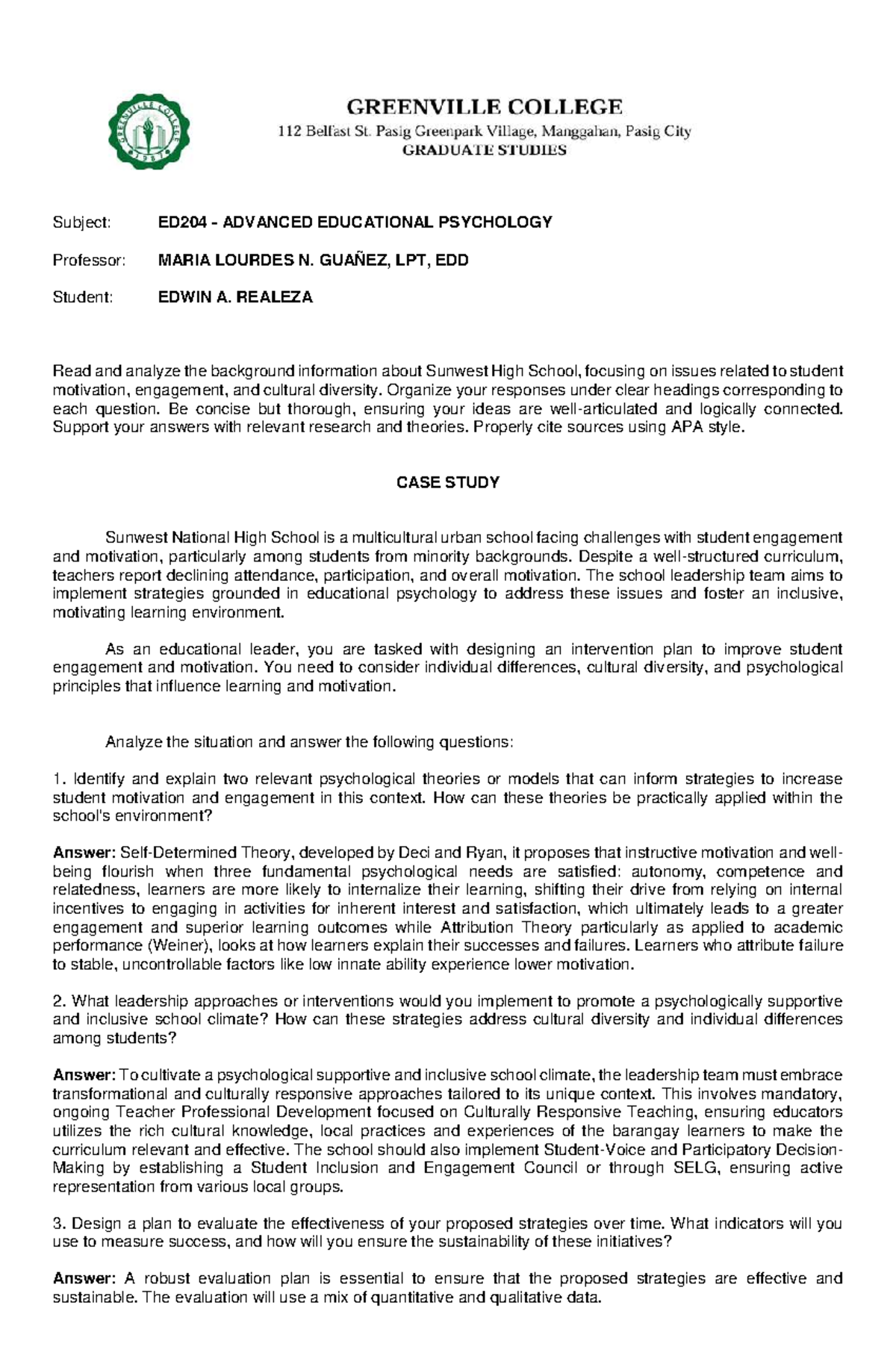 Educational Psychology Case Study: Enhancing Student Engagement in ...