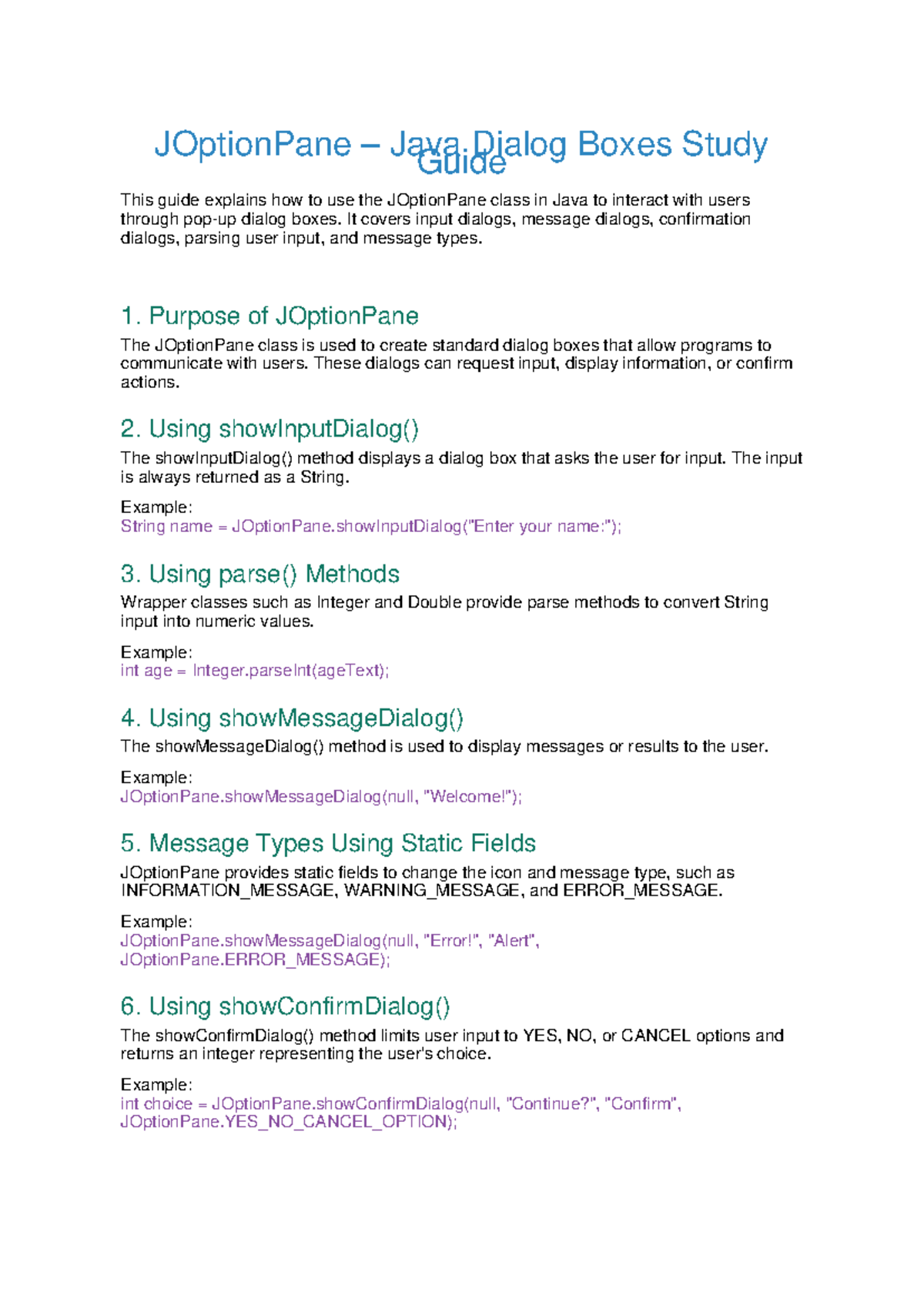 JOptionPane Java Dialog Boxes Study Guide: User Interaction Techniques ...