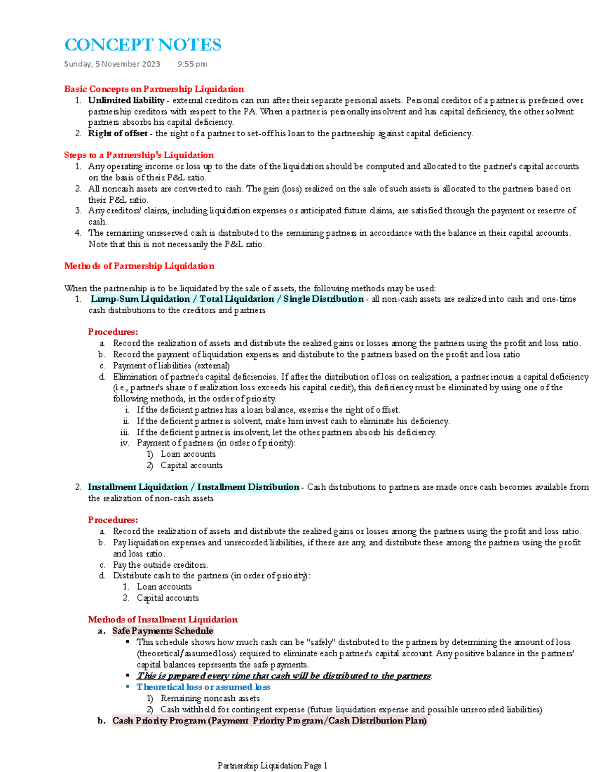 Partnership Liquidation Concepts and Procedures Notes - Studocu