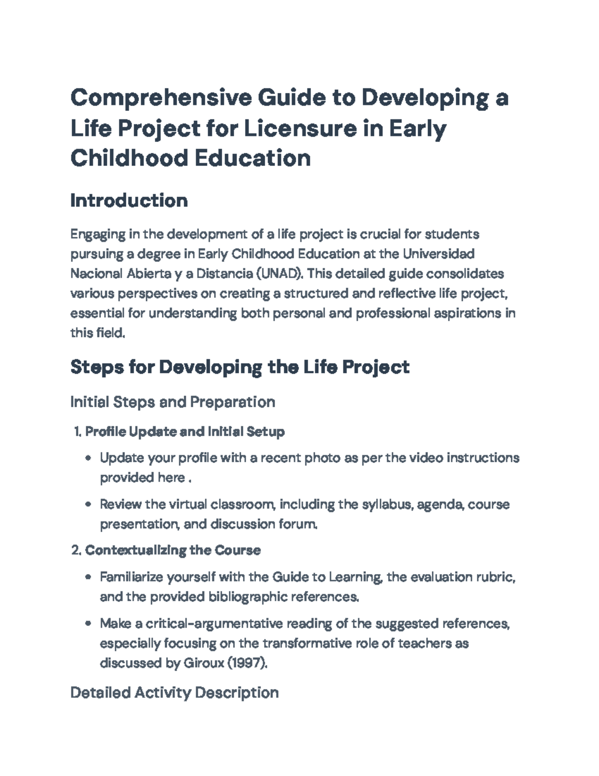 Guide to Developing a Life Project for Licensure in Early Childhood Ed ...