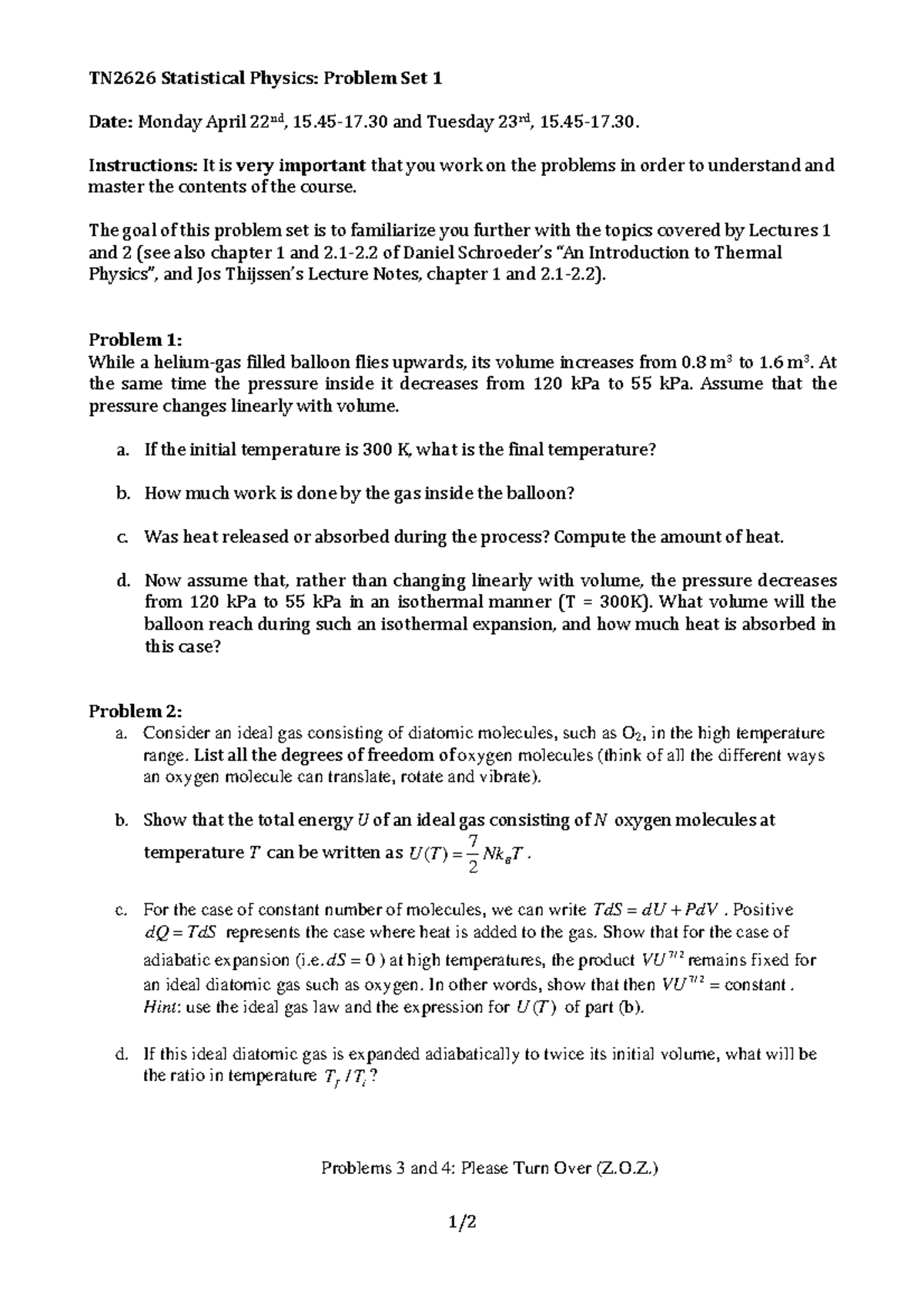 Statistical Physics TN2626: Problem Set 1 (2024) Solutions and Analysis ...