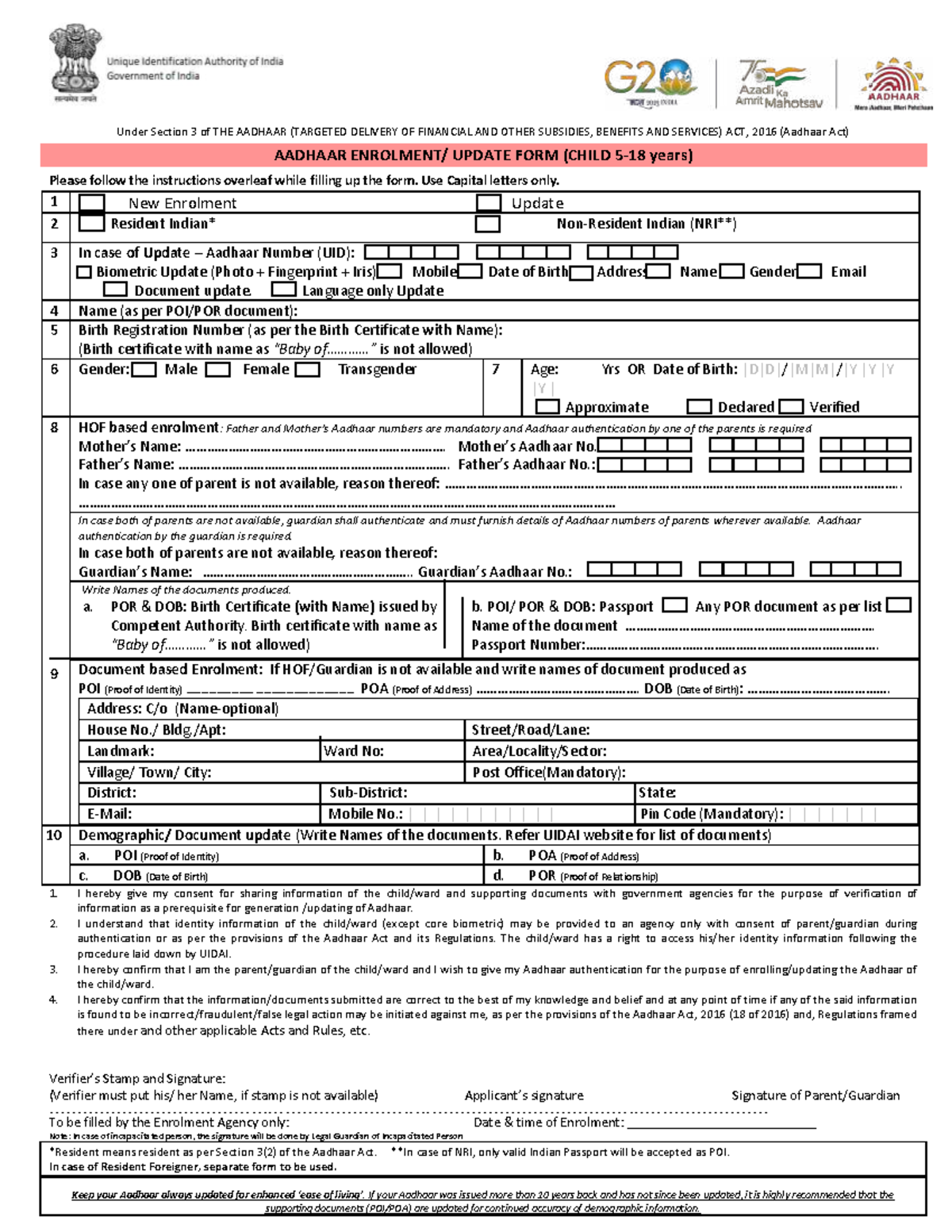 Aadhaar Update Form for Children (5-18 Yrs) - Aadhaar Act 2016 - Studocu