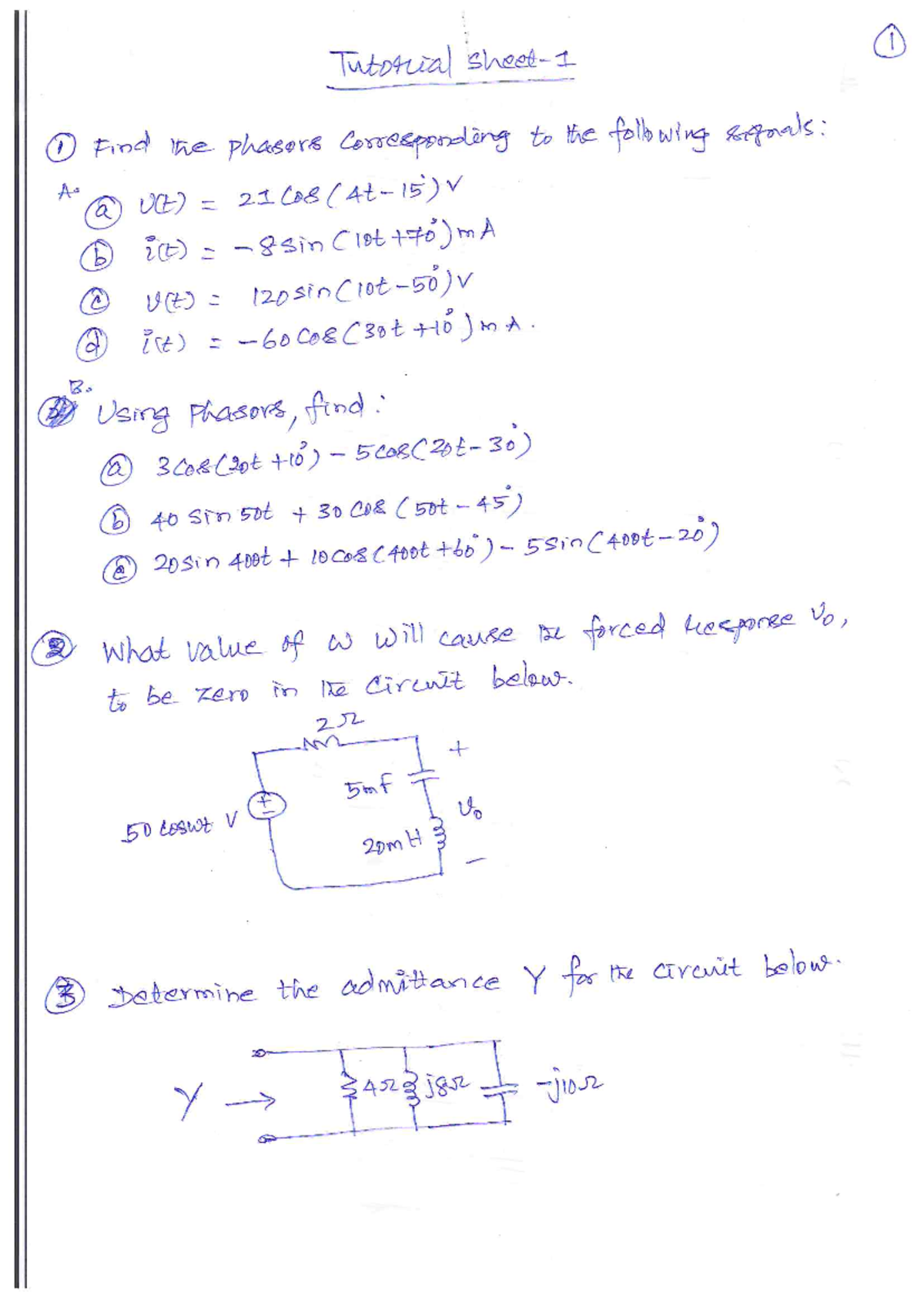 BECE203L I Tutorial Sheet 1: Phasors and Circuit Analysis - Studocu