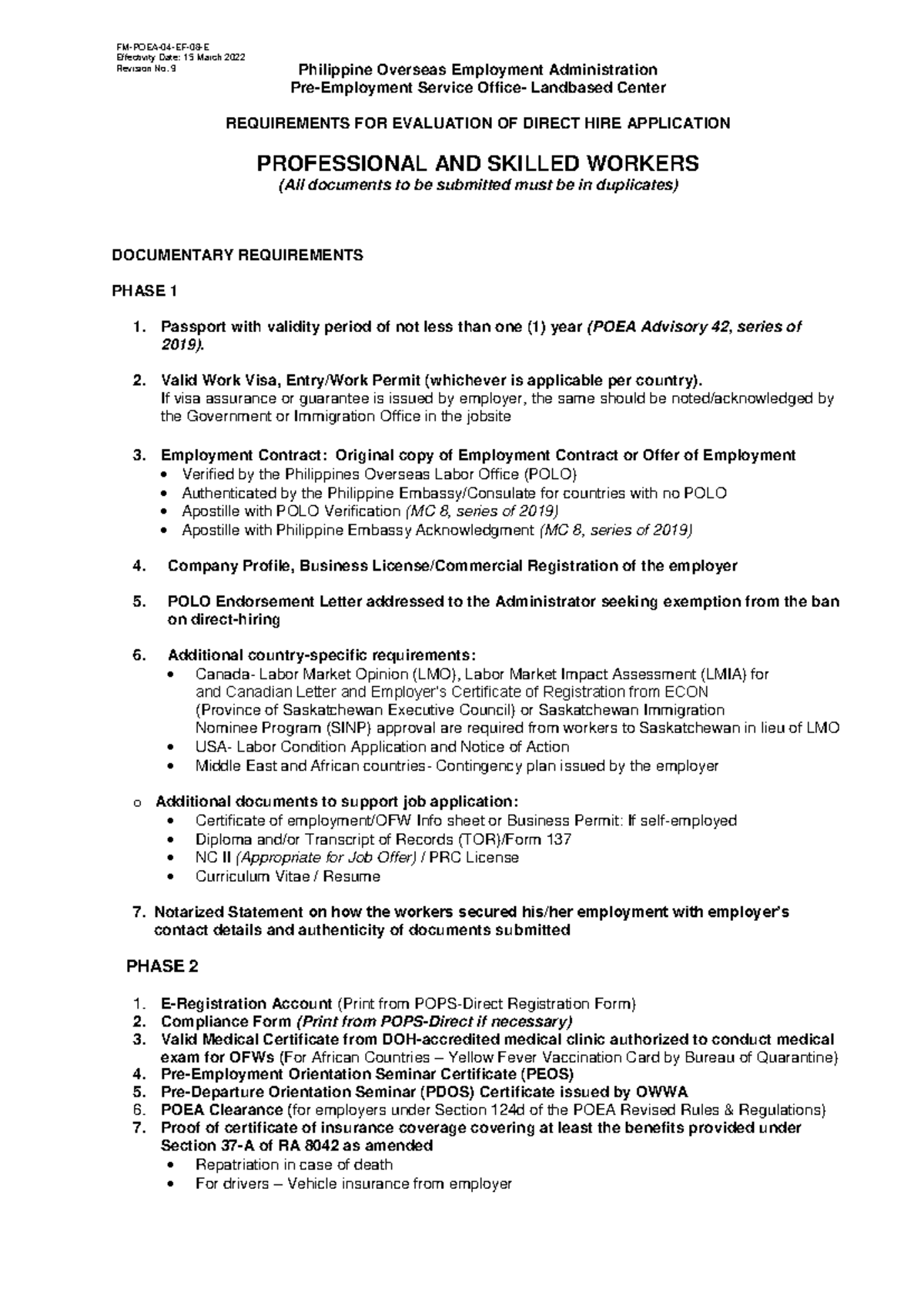 Requirements Checklist for Direct Hire Applications (POEA) - Studocu
