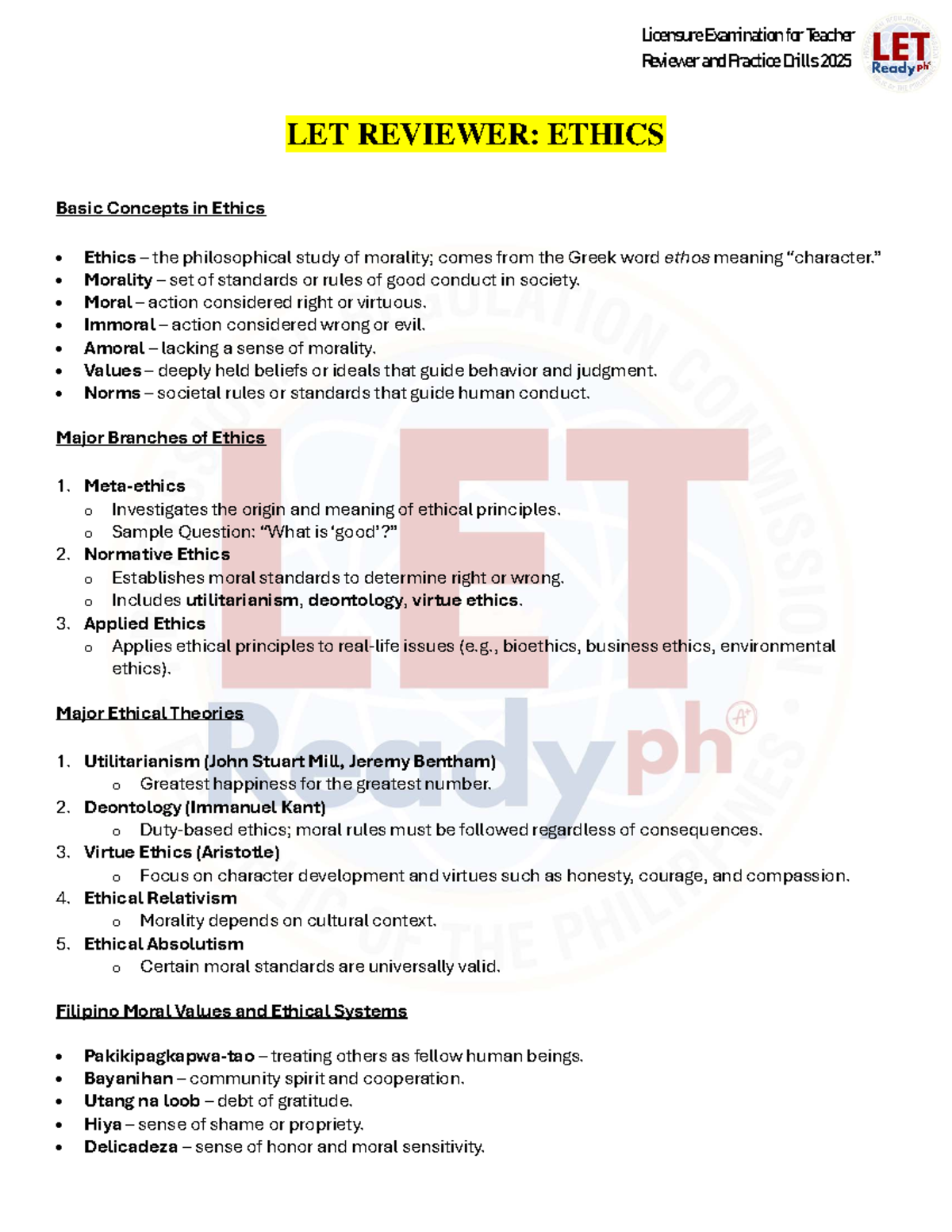 LET 2025 Reviewer: Ethics Concepts and Practice Drills - Studocu