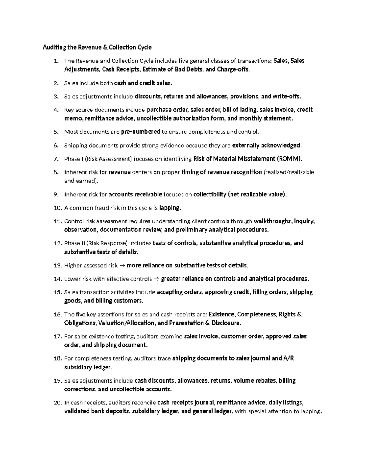 Auditing the Revenue & Collection Cycle (ACC 101) - Summary Notes - Studocu
