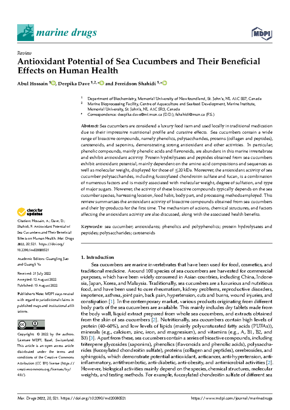 Marine Drugs 2022: Antioxidant Potential of Sea Cucumbers and Health ...