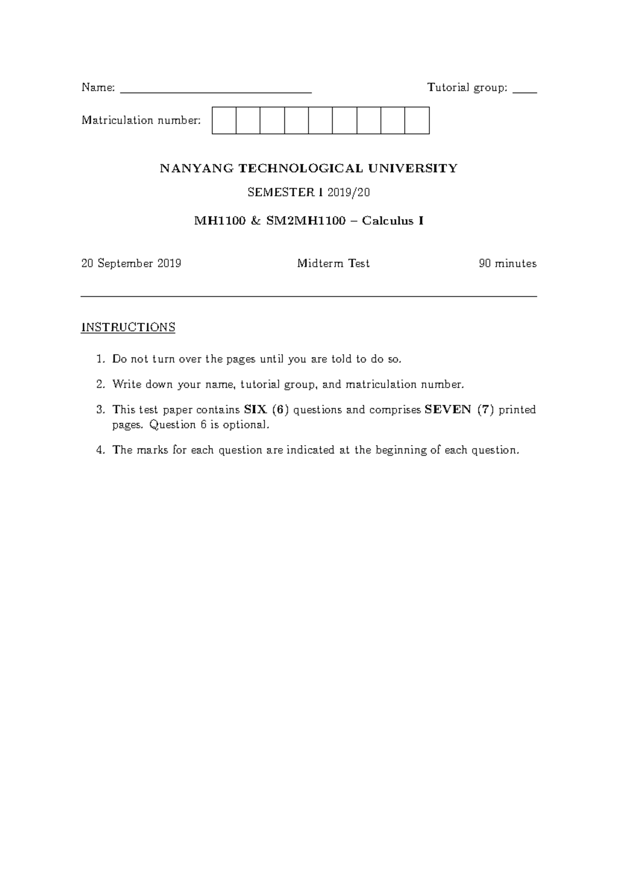 2019 Questions - PYP - Name: Tutorial group: Matriculation number ...