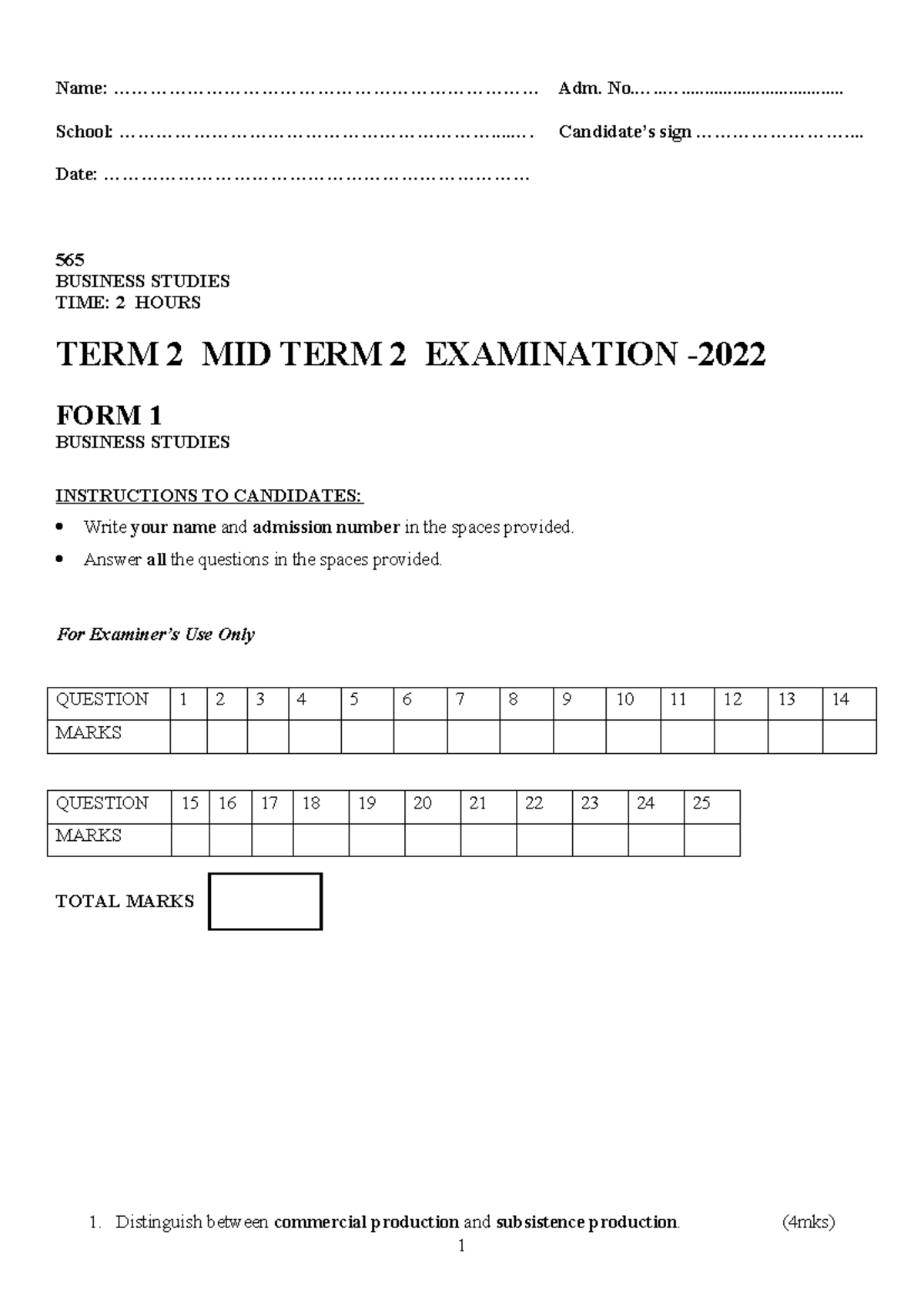 BUSINESS STUDIES TERM 2 MIDTERM 2 EXAMINATION FORM 1 - Studocu