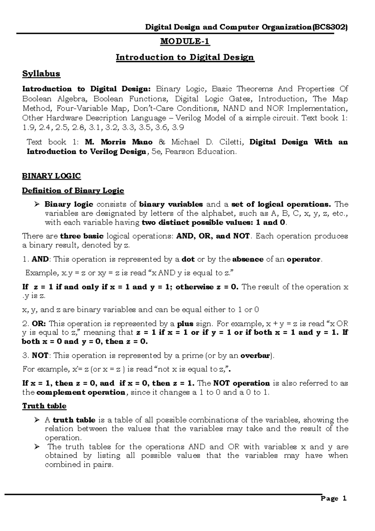Digital Design - Module 1: Introduction to Binary Logic and Boolean ...