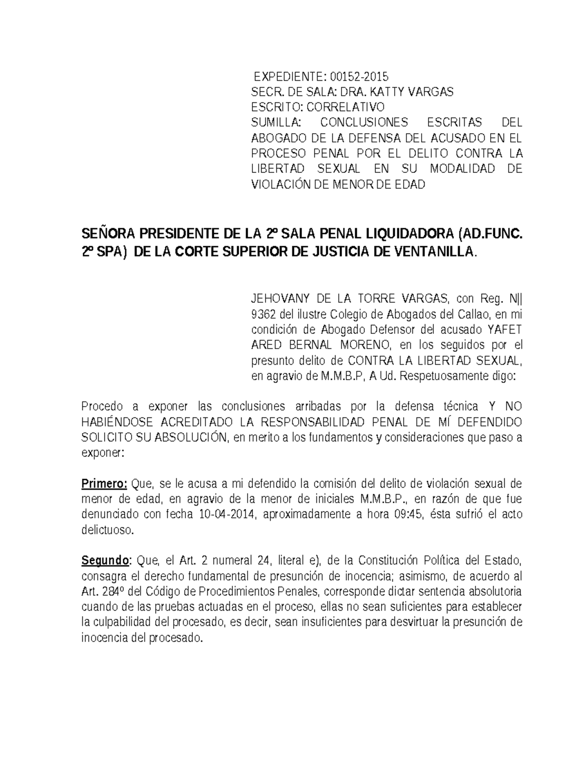 Alegatos Finales - Defensa en Caso de Violación de Menor - Yafet - Document Preview
