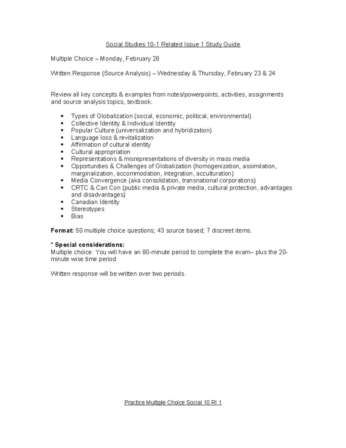 Social Studies 10-1: Related Issue 1 Study Guide & Exam Prep - Studocu