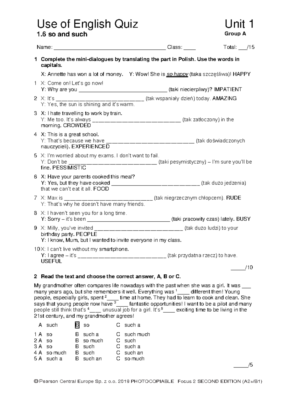 Focus 2 2ed Use of English Quiz Unit 1 Group A - Studocu
