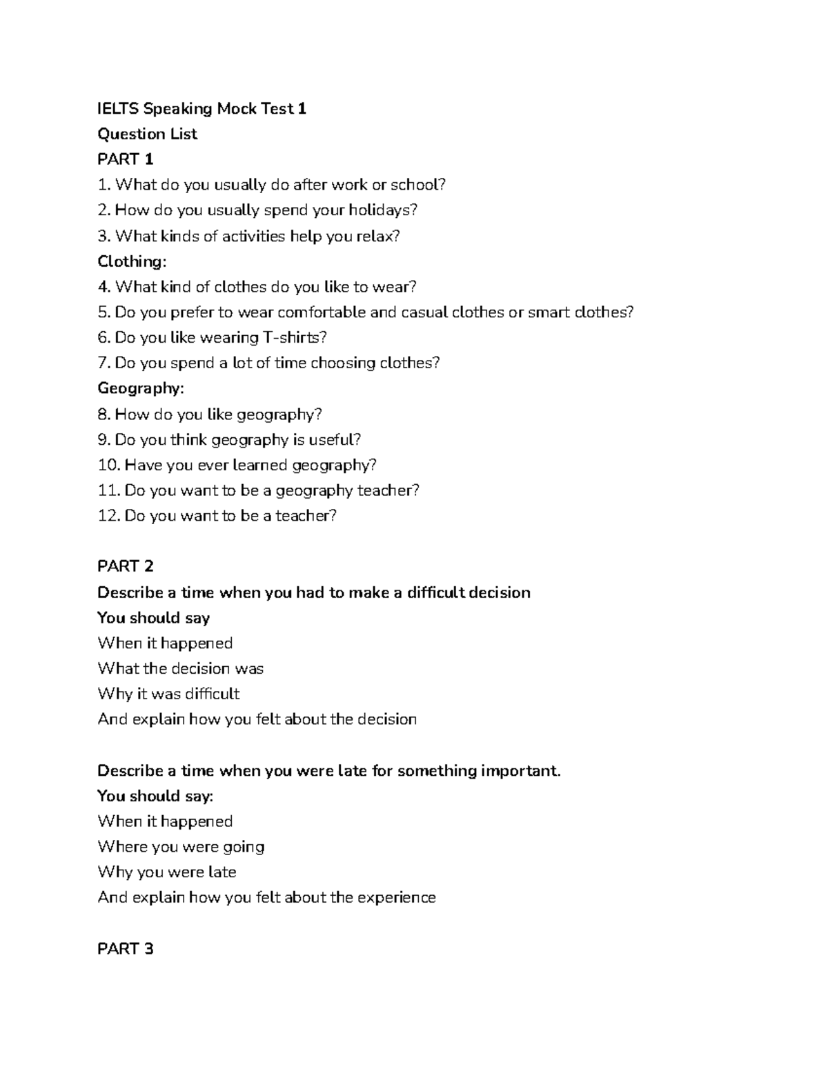 IELTS Speaking Mock Test 1: Question List & Practice Guide - Studocu