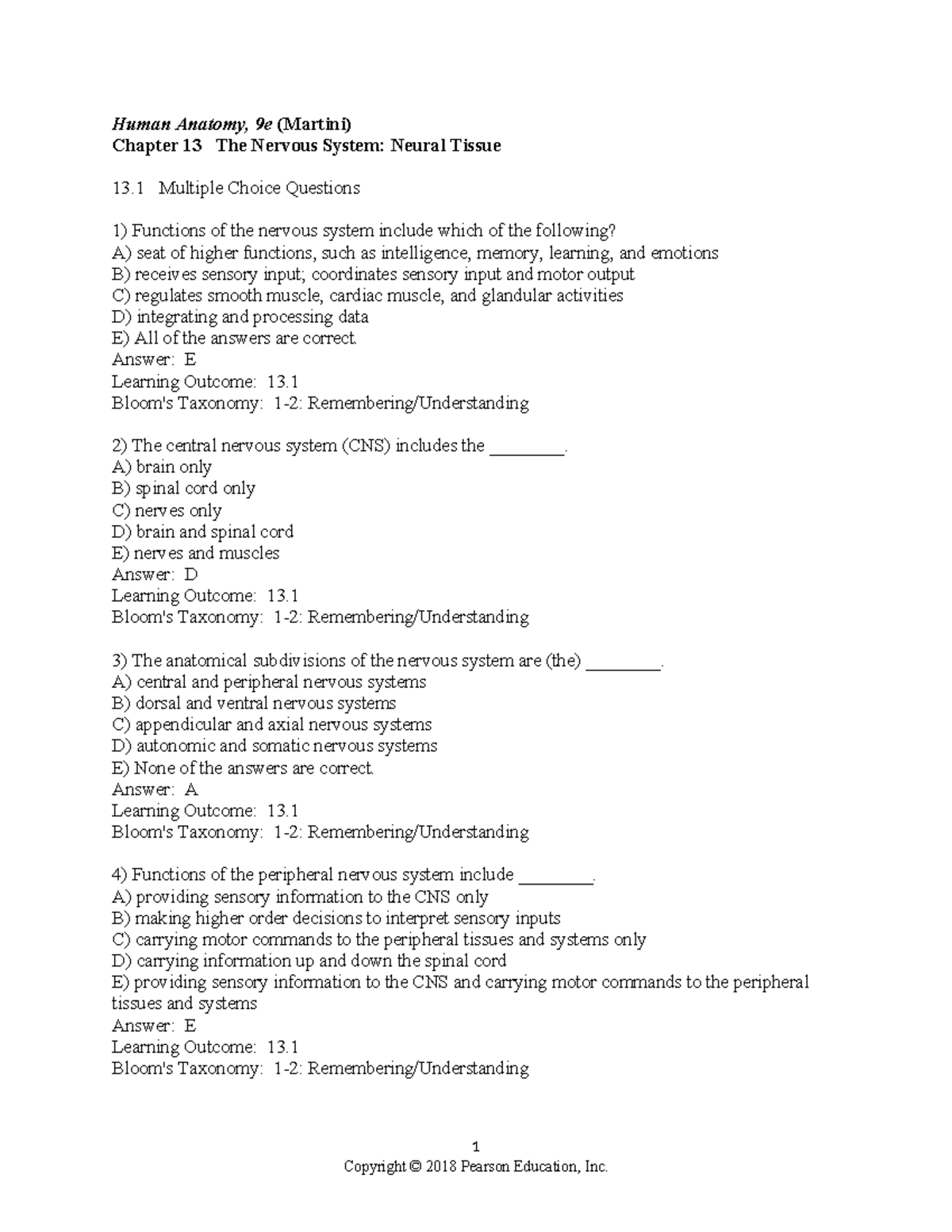 Chapter 13: Nervous System MCQs & Learning Outcomes (Human Anatomy 9e ...