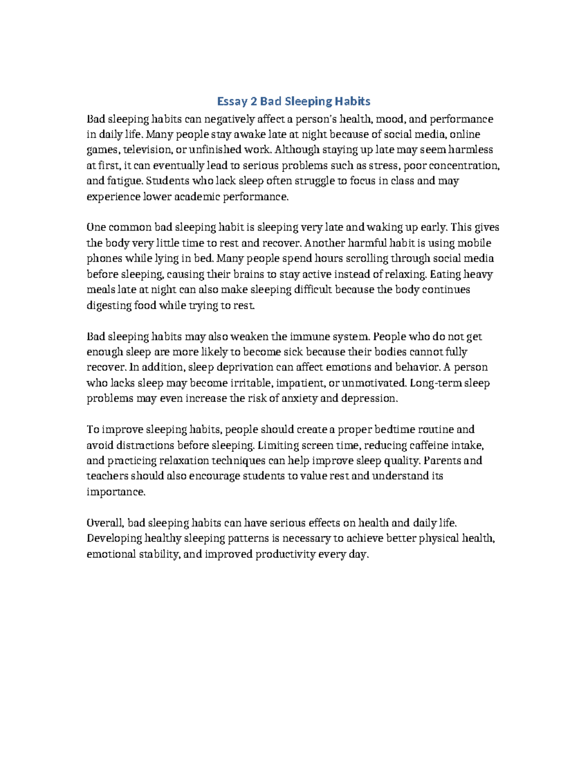 Essay 2: The Impact of Bad Sleeping Habits on Health and Performance ...