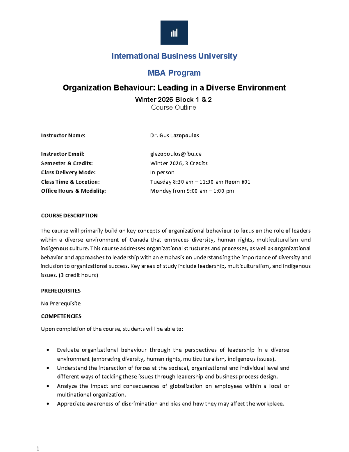 OB Course Outline W26: Leading in a Diverse Environment - Studocu