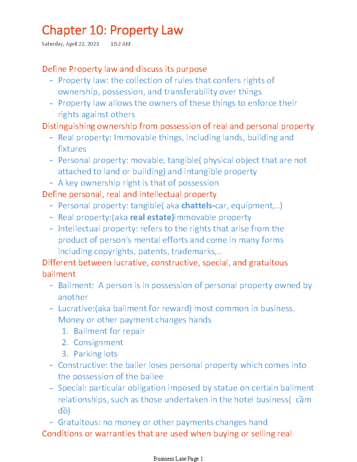 Lecture 10 - key notes - Define Property law and discuss its purpose ...