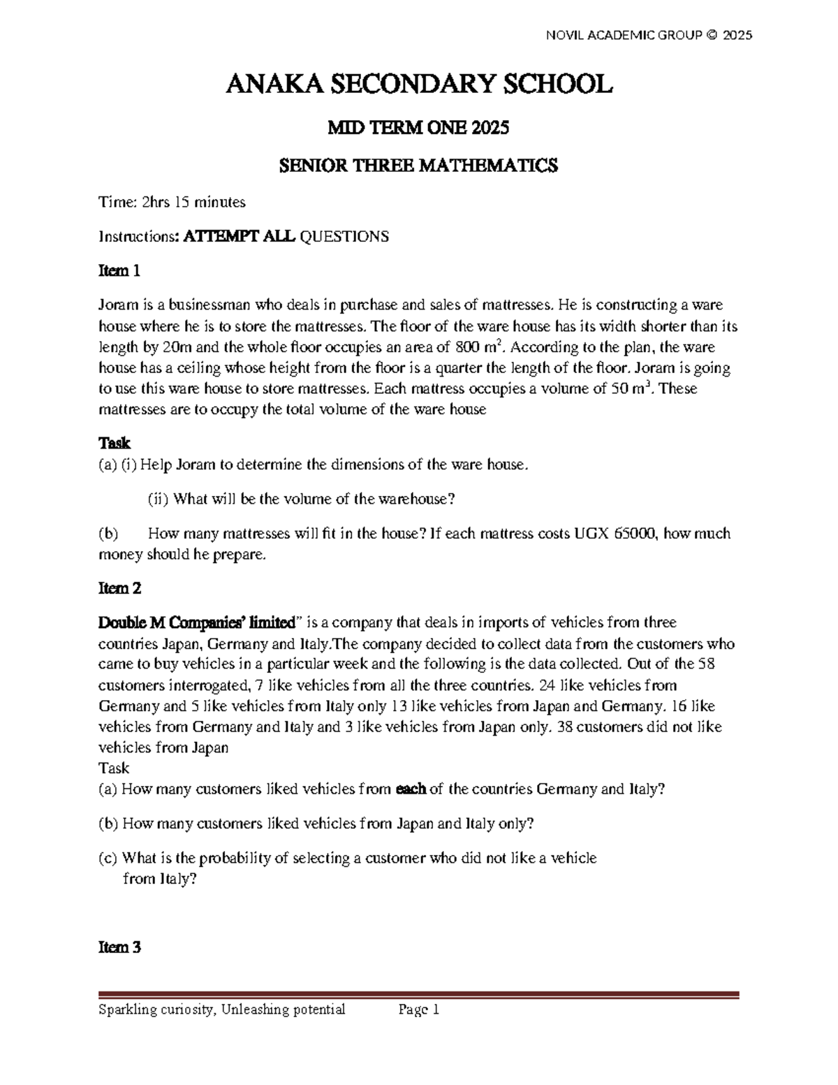 S3 MATH - Mid Term 1 Examination 2025: Senior Three Mathematics - Studocu