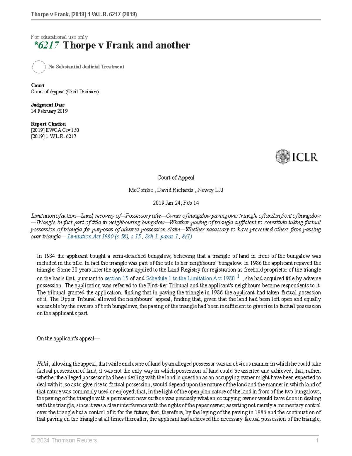 Thorpe v Frank: Adverse possession and factual control analysis (2019 ...