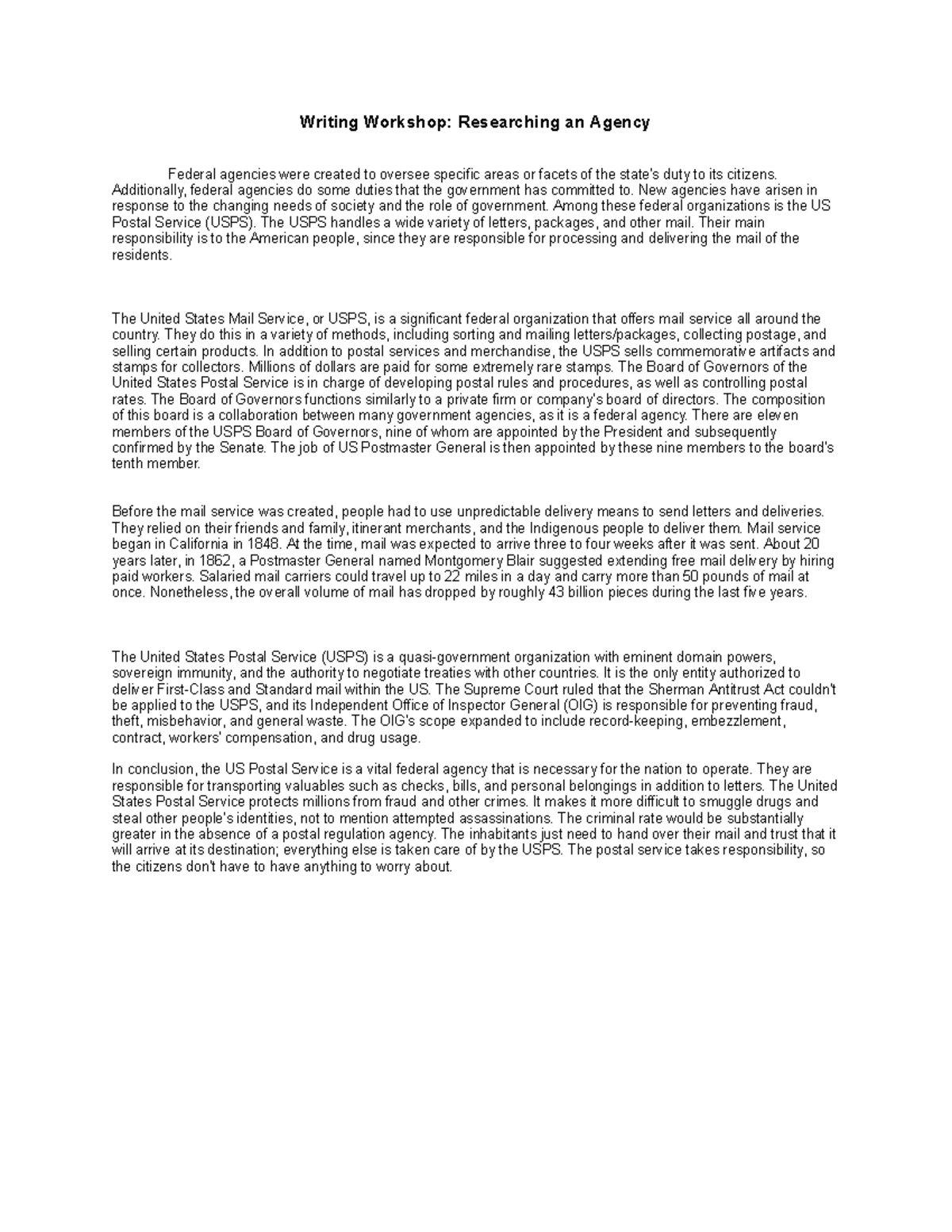 Writing Workshop: Researching the US Postal Service (USPS) - Studocu