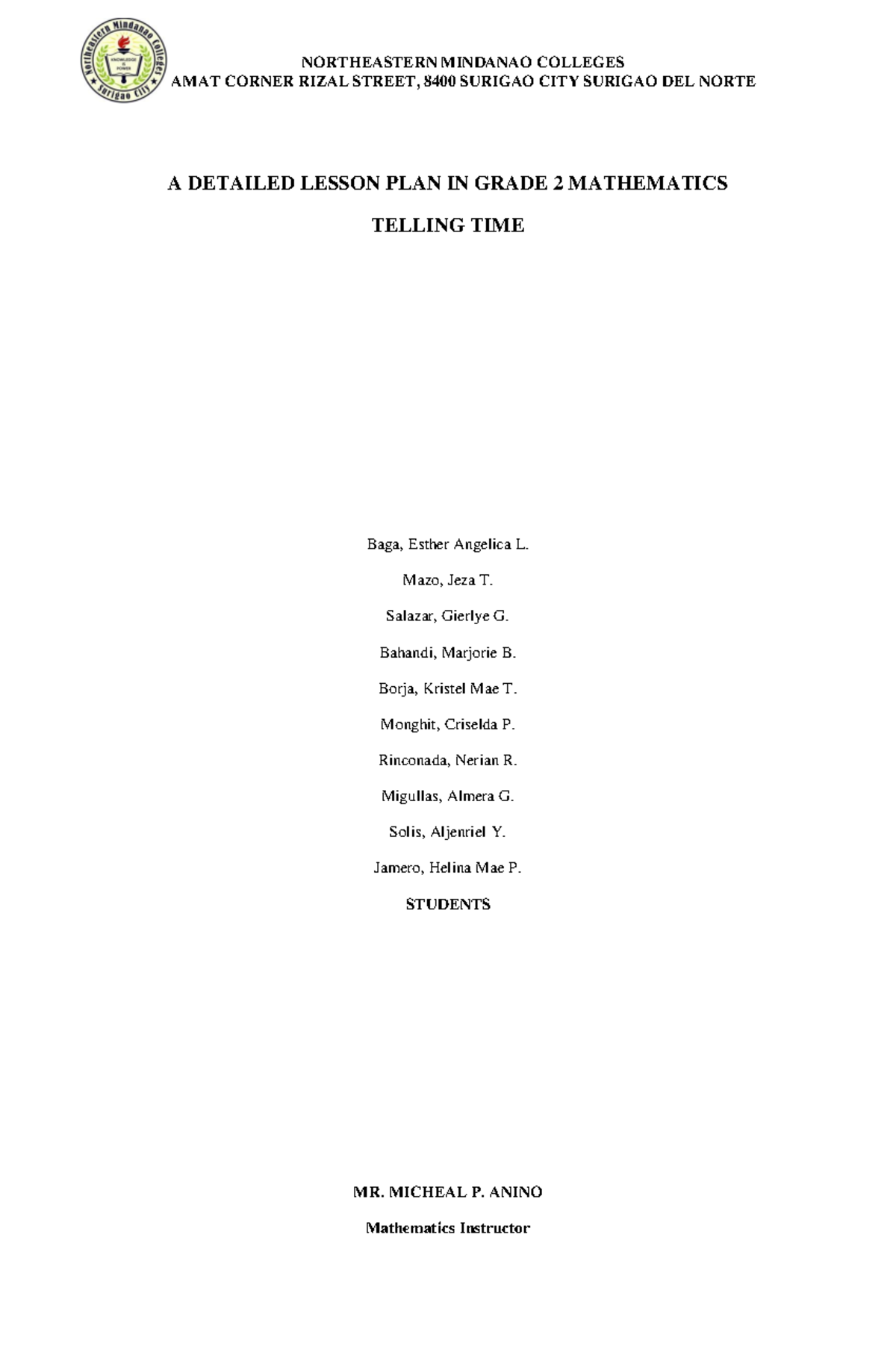Detailed Lesson Plan for Grade 2 Math: Telling Time (M2ME-IVa-5) - Studocu