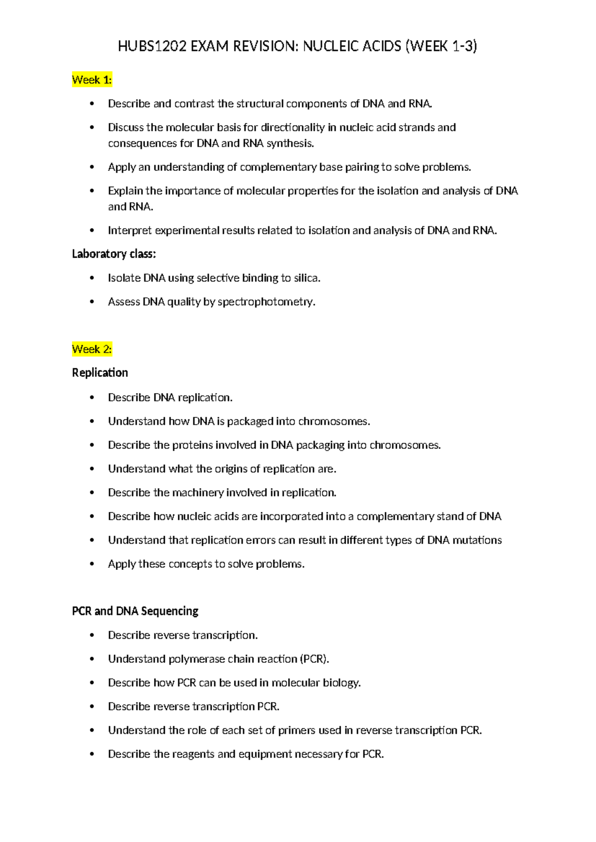 HUBS1202 EXAM REVISION: NUCLEIC ACIDS OVERVIEW AND LABS - Studocu