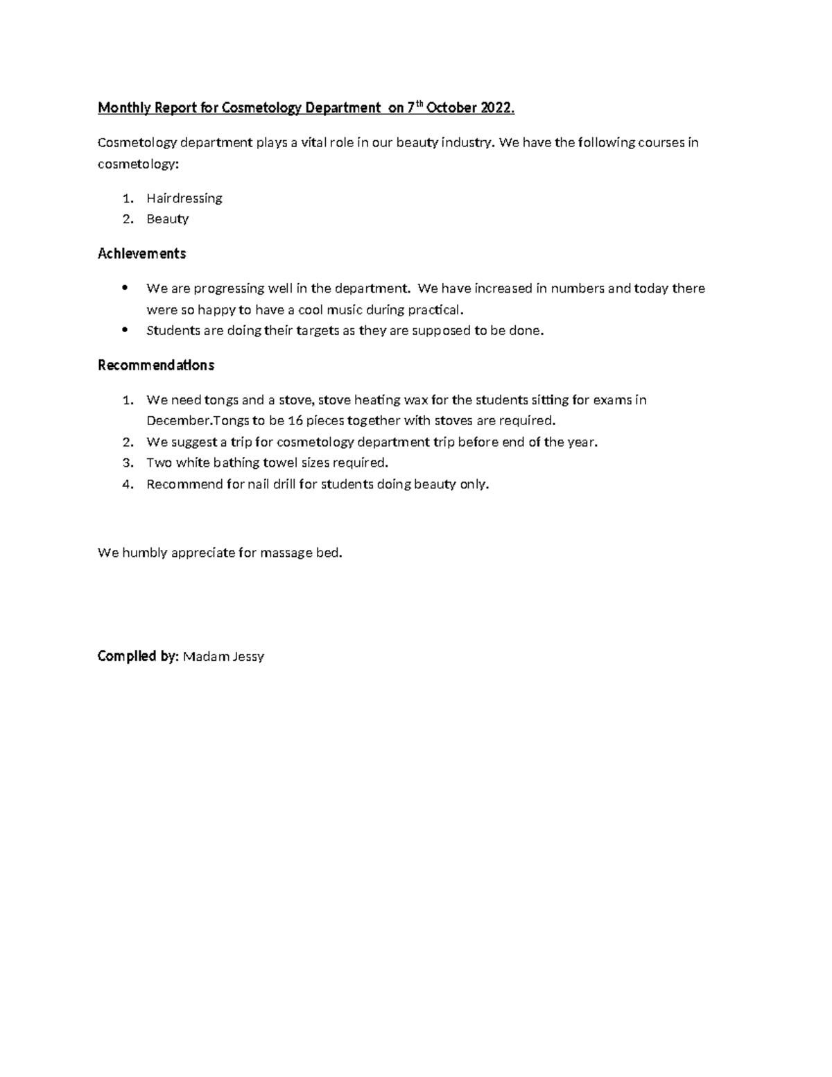 Cosmetology report - Monthly Report for Cosmetology Department on 7th ...