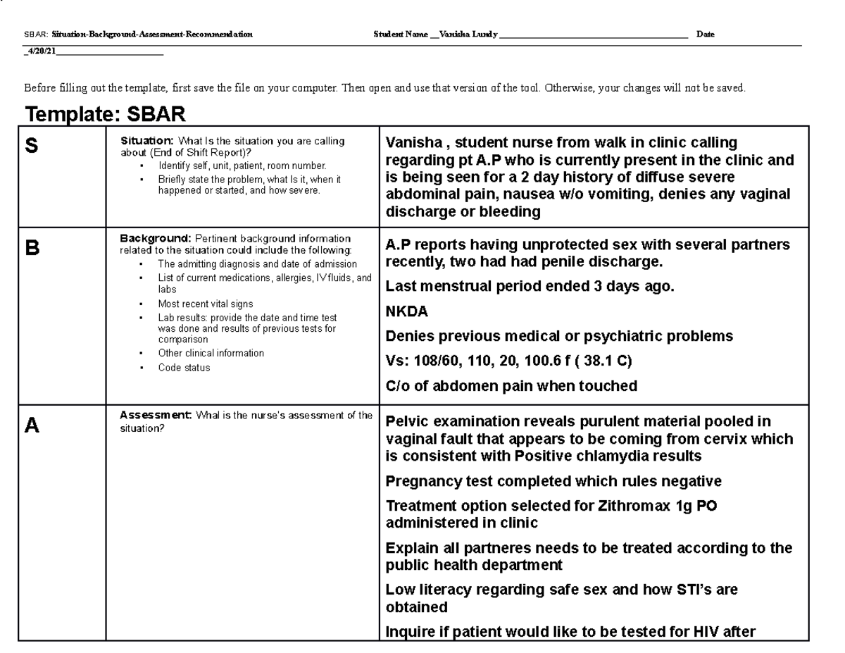 SBAR-PE05 - Homework Help on Patient Assessment & Recommendations - Studocu