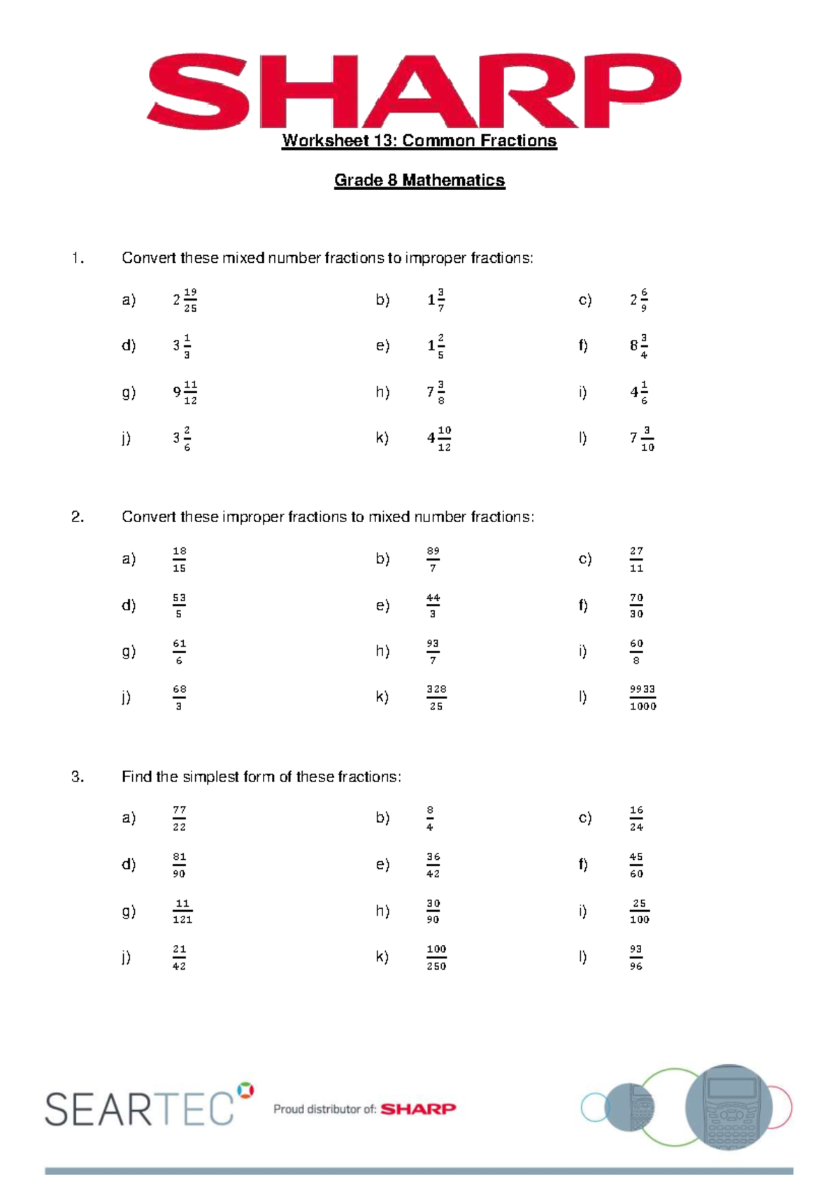 Grade 8 Math Worksheet 13: Common Fractions & Conversions - Studocu