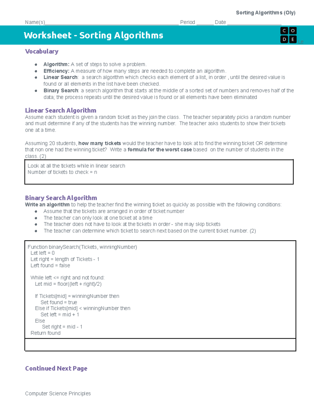 6.2 Worksheet - Sorting Algorithms - Sorting Algorithms (Oly) - Studocu
