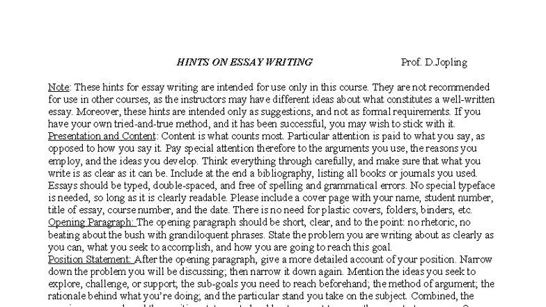 Course Code: HINTS ON ESSAY WRITING - Guidelines for Success - Studocu