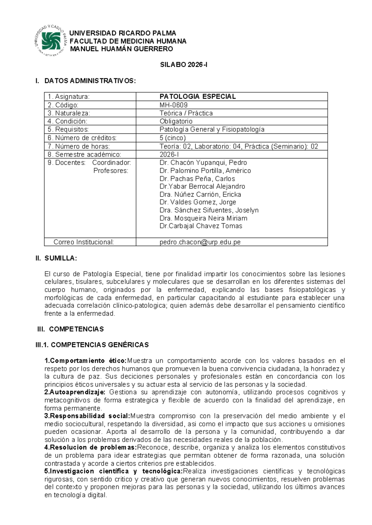 Silabo de Patología Especial - 2026-I. URP - Document Preview