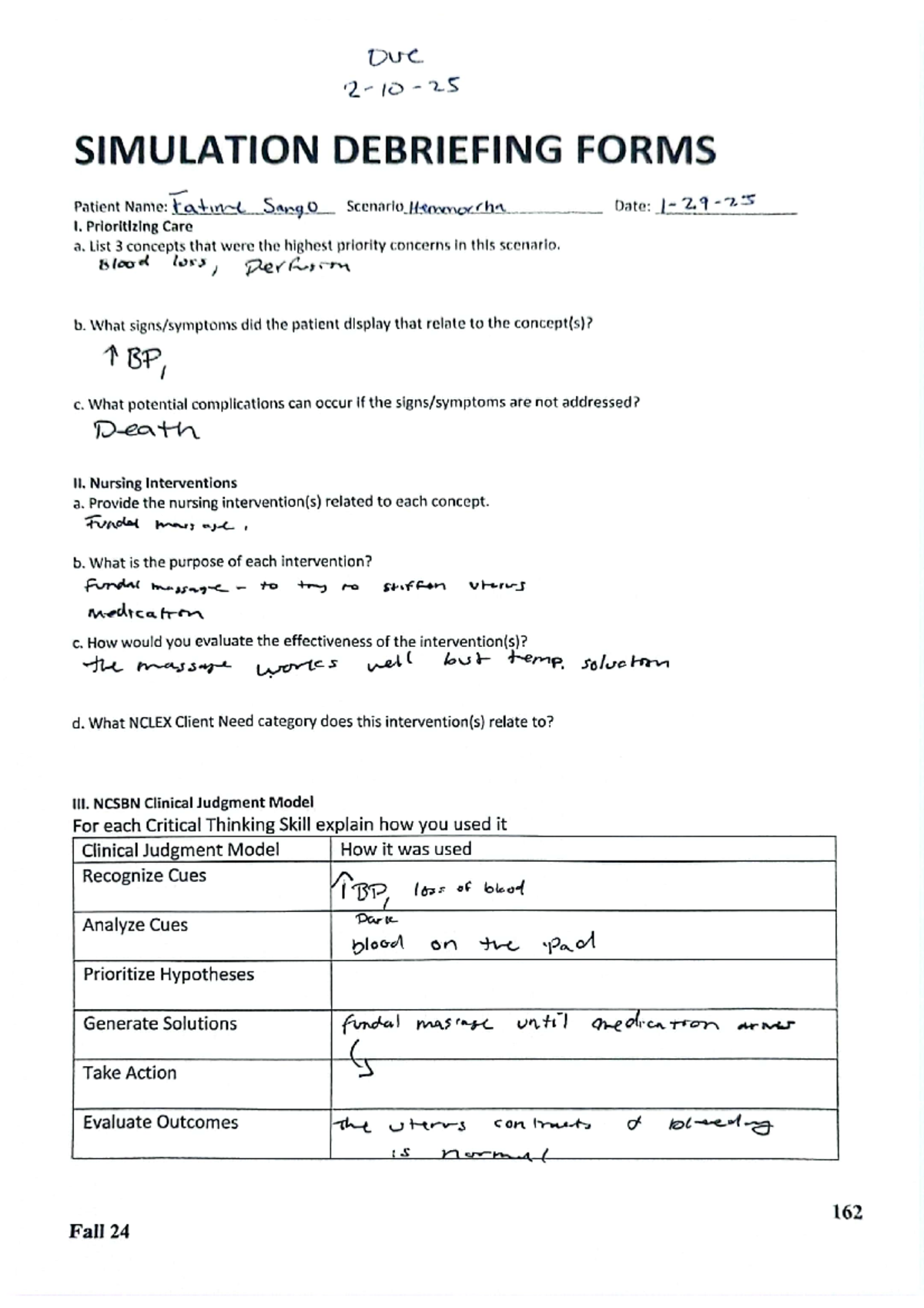 lab debriefing - Due SIMULATION DEBRIEFING FORMS Patient Name: Fatine ...