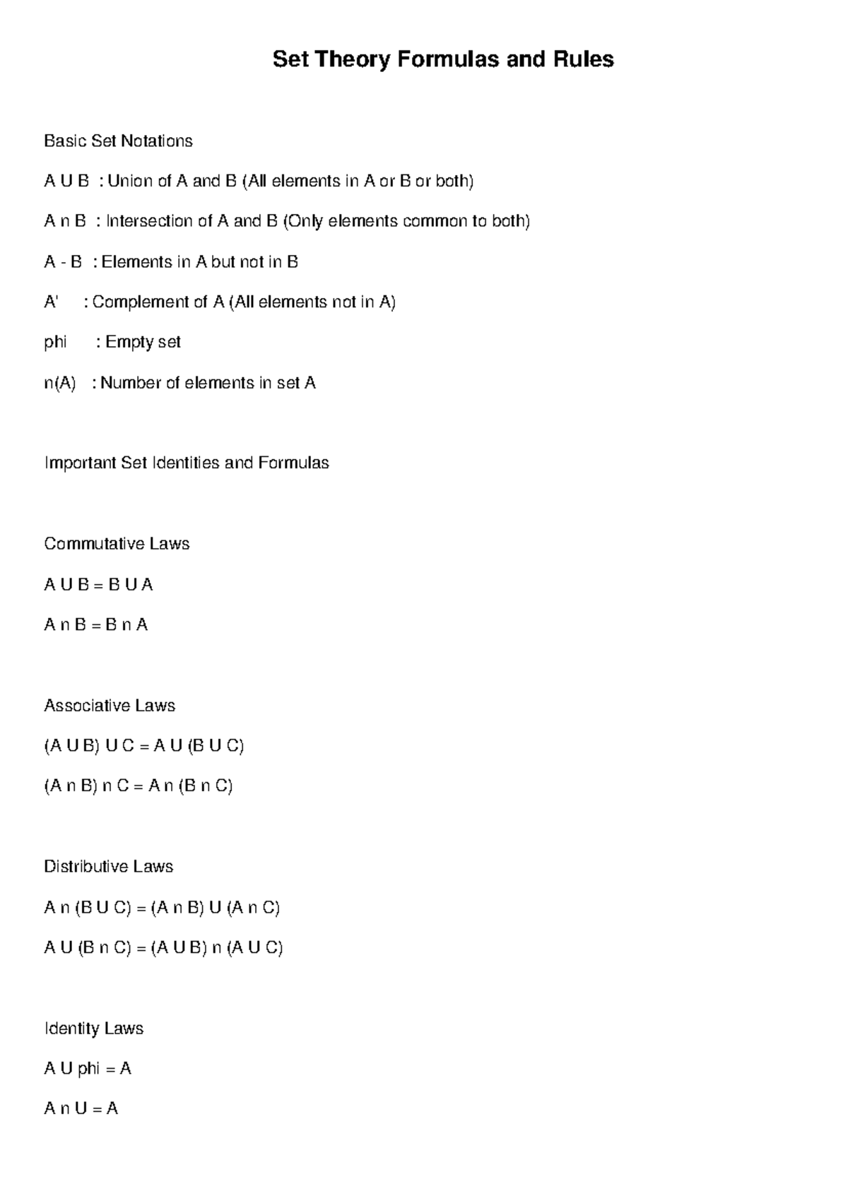 Set Theory Formulas and Rules - 4455 - Studocu