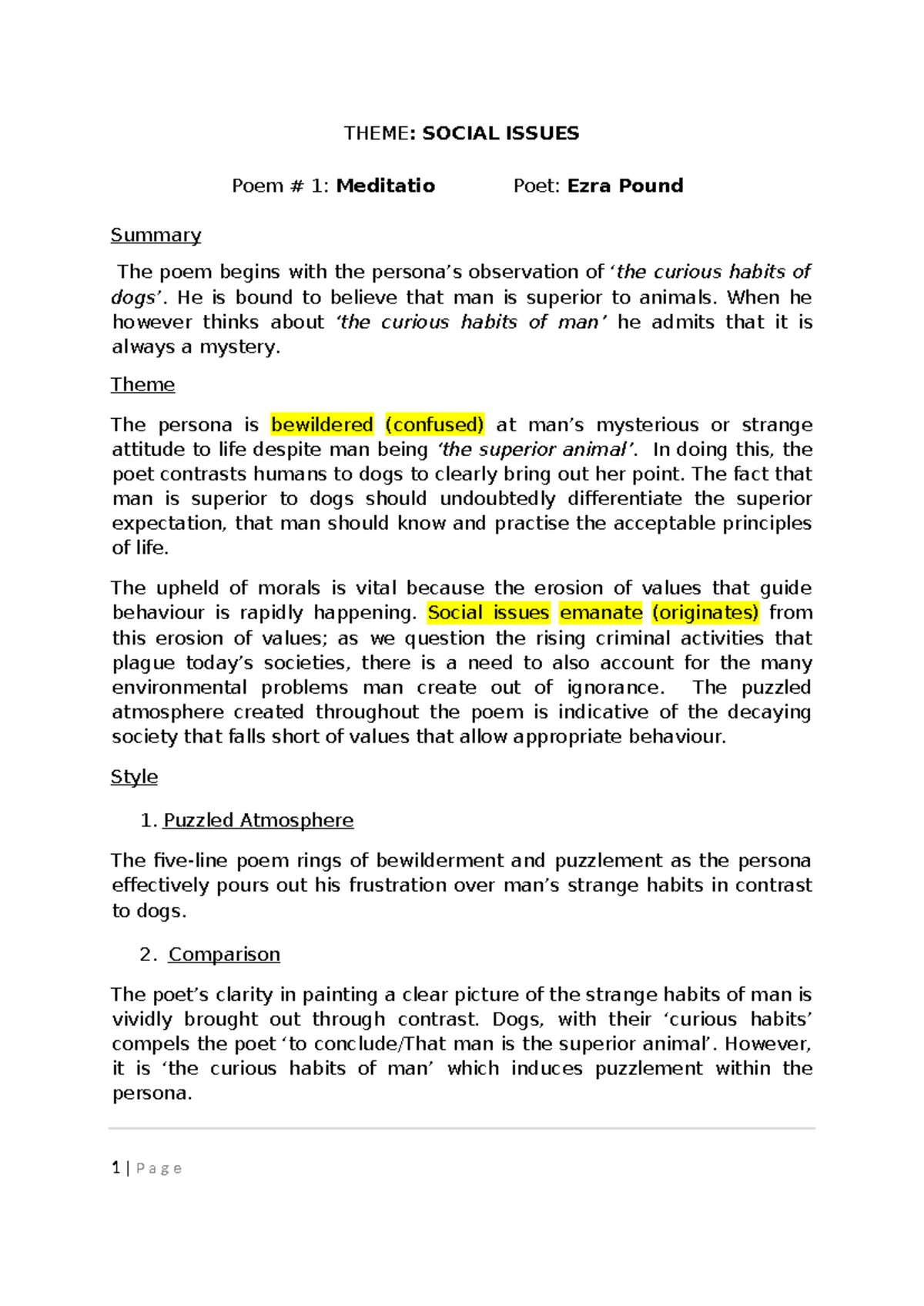 ENG 101 - Meditatio Poem Analysis and Social Issues Notes - Studocu