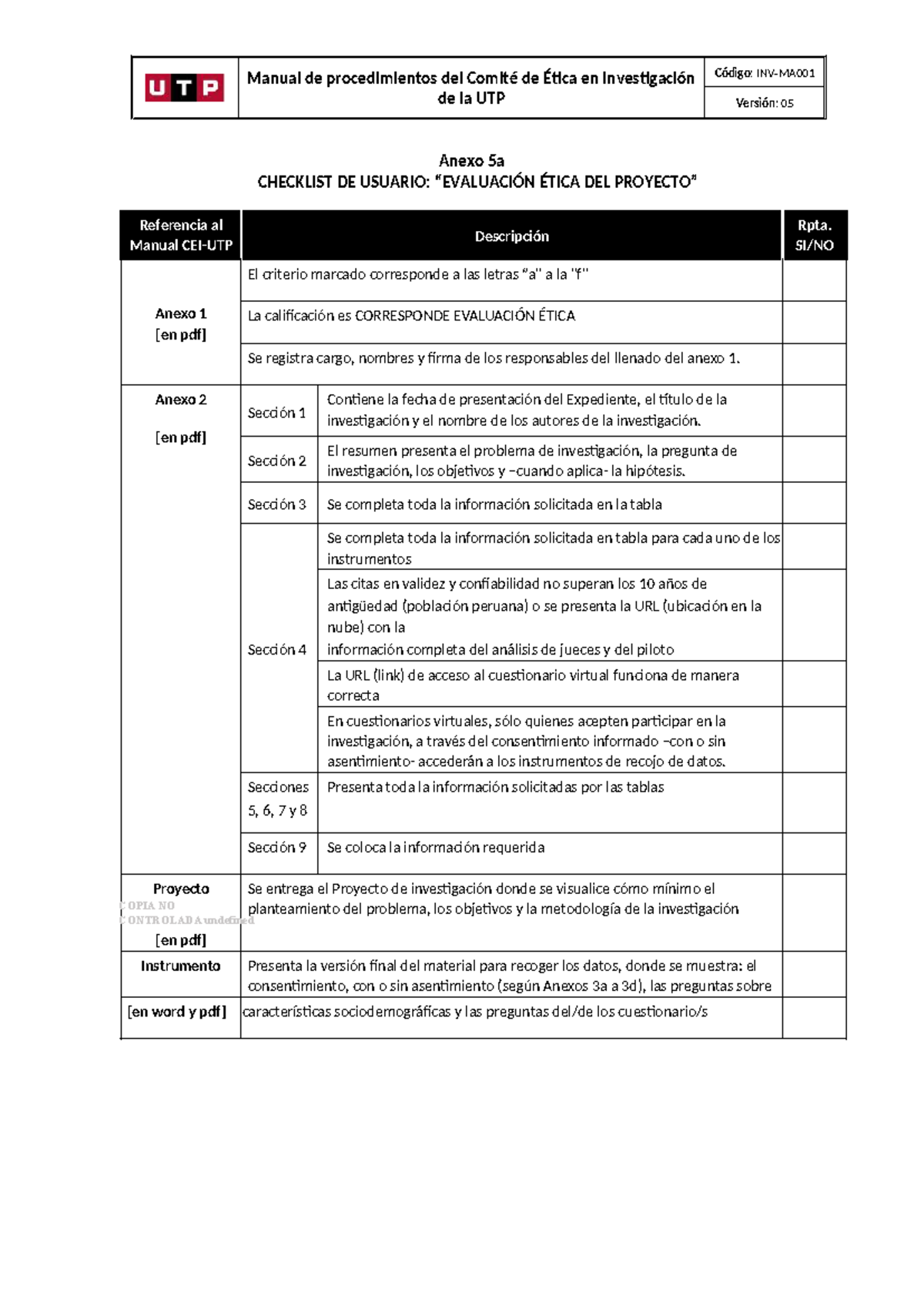 Anexo 5A - Checklist de Usuario: Ética en Investigación CEI-UTP v5 ...