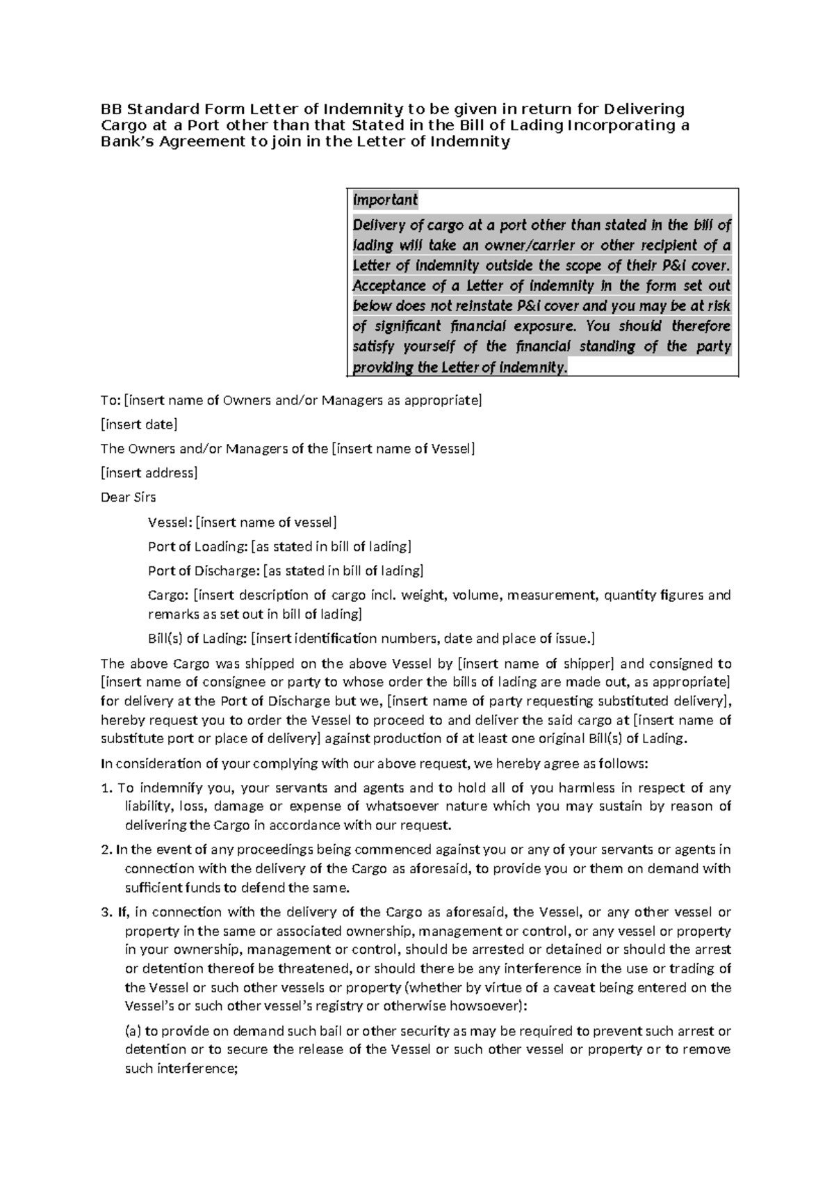 BB Standard Form Indemnity Letter for Non-Listed Delivery Port - Studocu