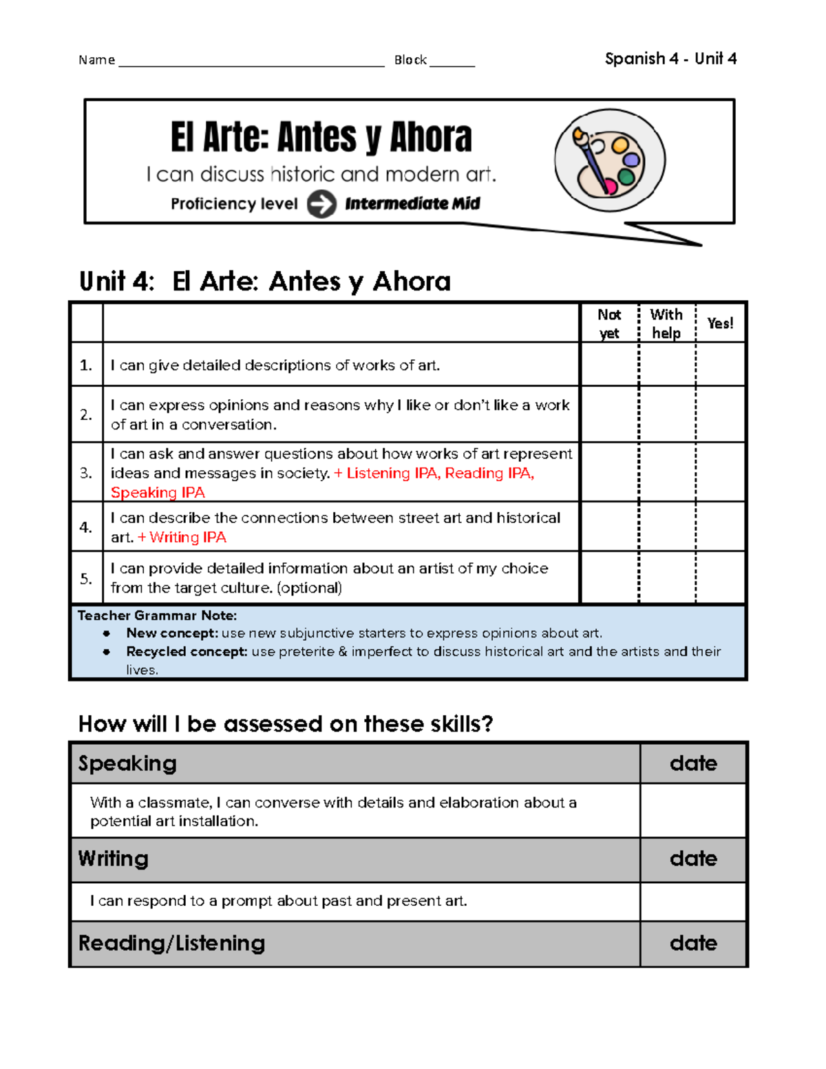 Honors Spanish 4 Unit4 Unit Guide - Name ...
