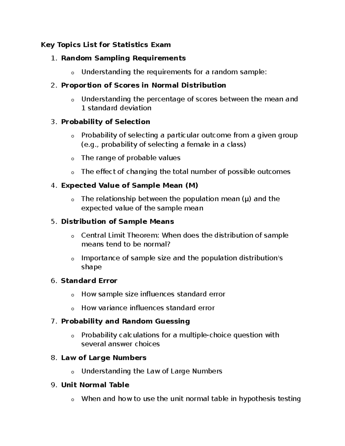 Key Topics List for Statistics Exam 2 - Random Sampling Requirements o ...