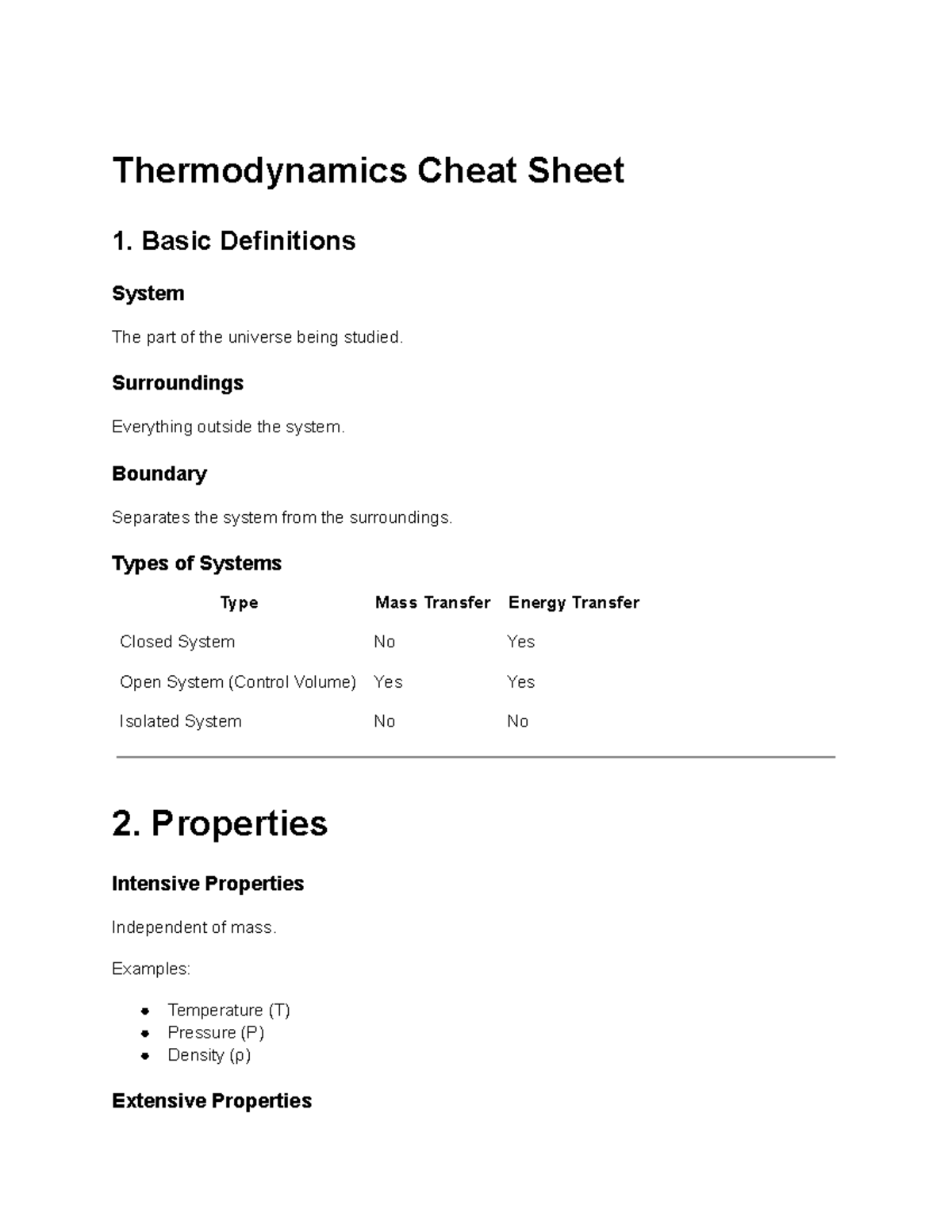 Thermodynamics Cheat Sheet: Key Concepts & Definitions - Studocu