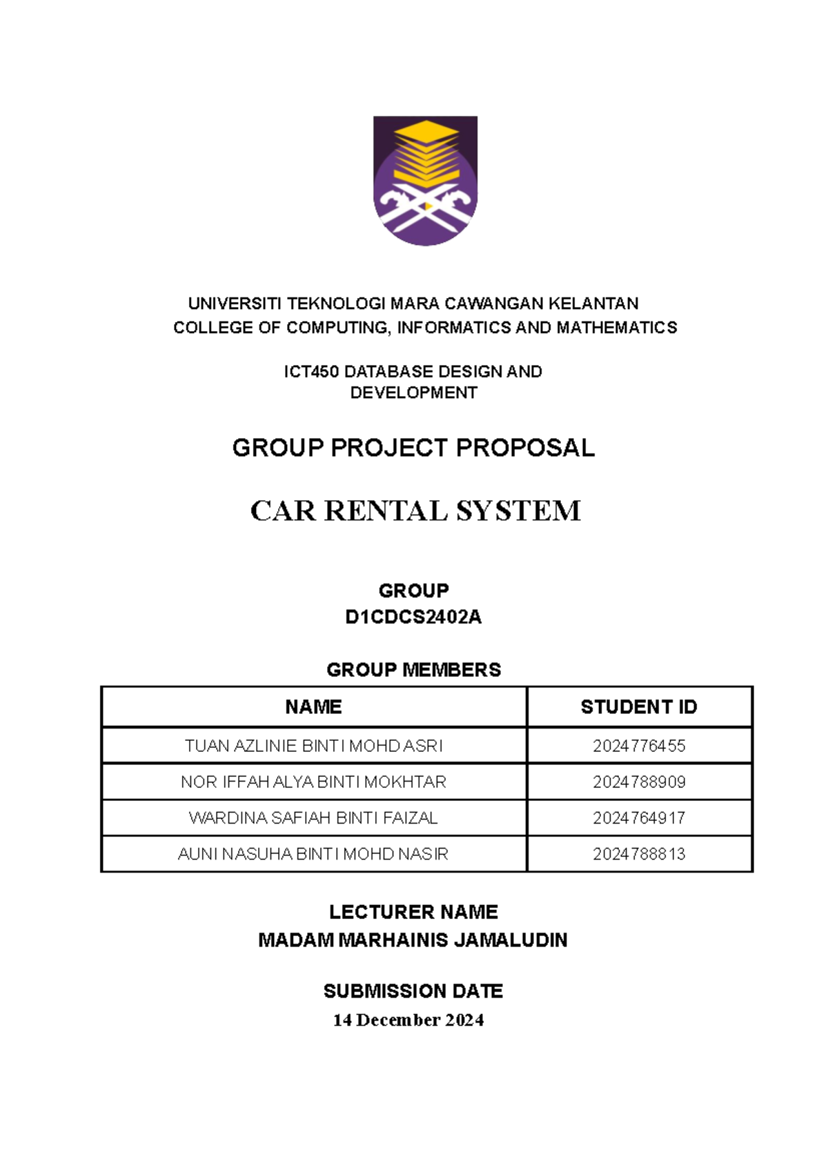 Car Rental System Proposal - ICT450 Group Project Report - Studocu