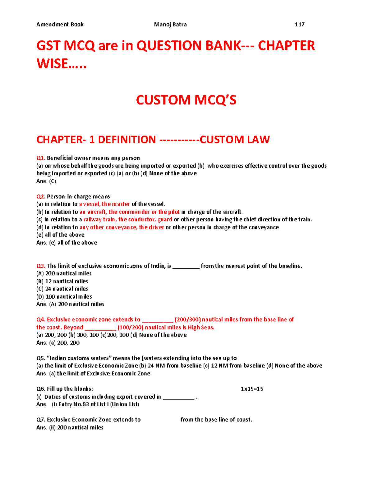 Custom MCQs on Customs Law (ACT 1962) - Question Bank Overview - Studocu