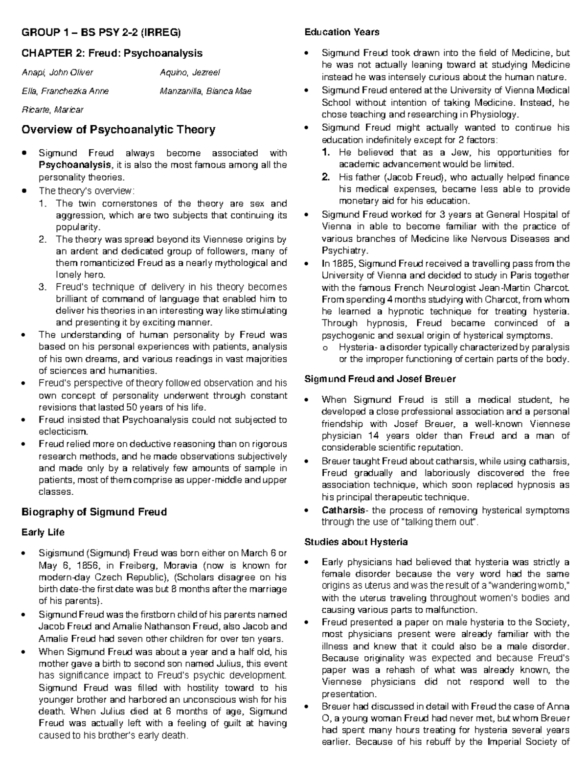 CHAPTER 2: Overview of Freud's Psychoanalytic Theory (BS PSY 2-2) - Studocu