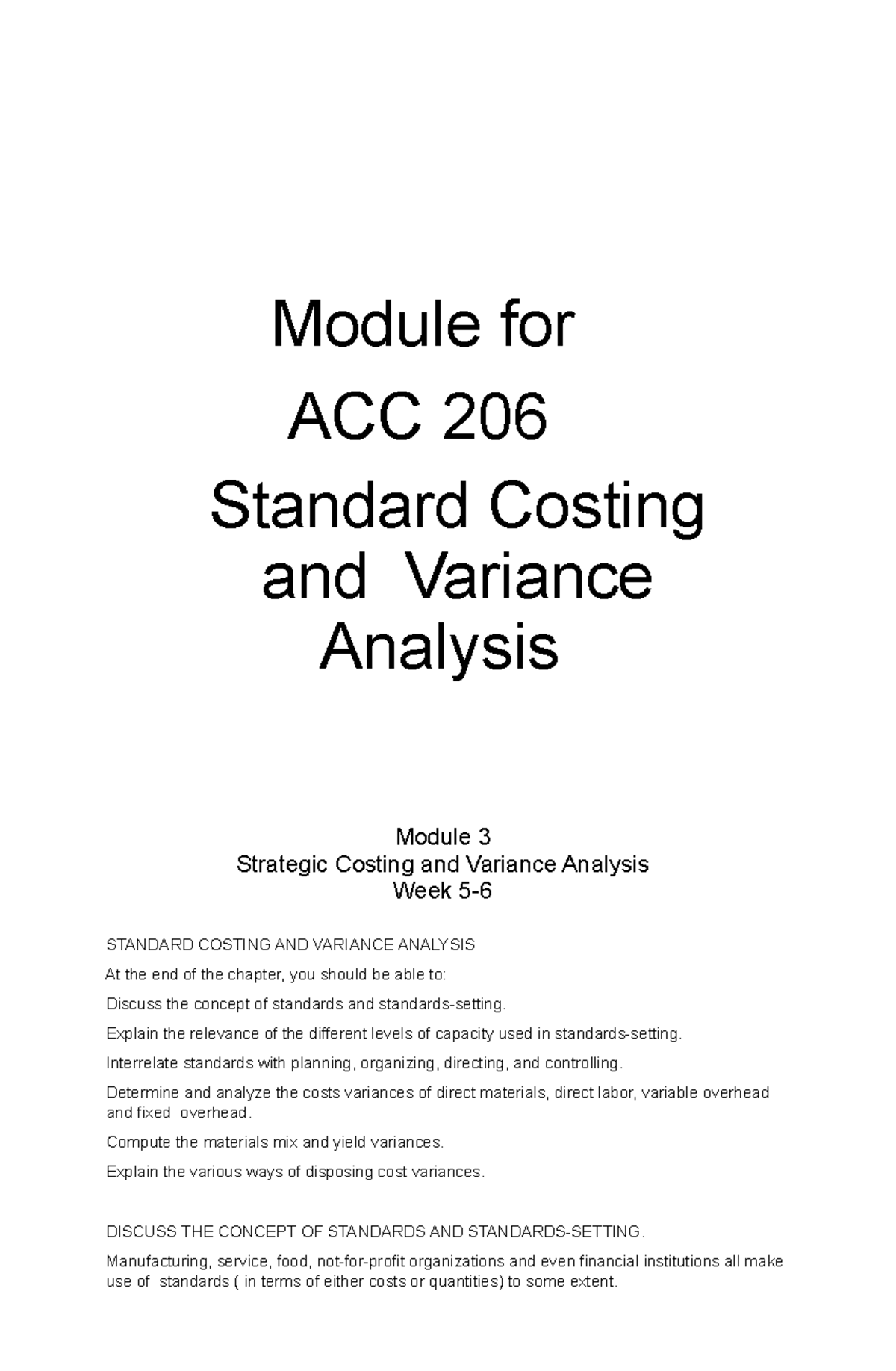 ACC 206 Standard Costing and Variance Analysis Module 4 Notes - Studocu