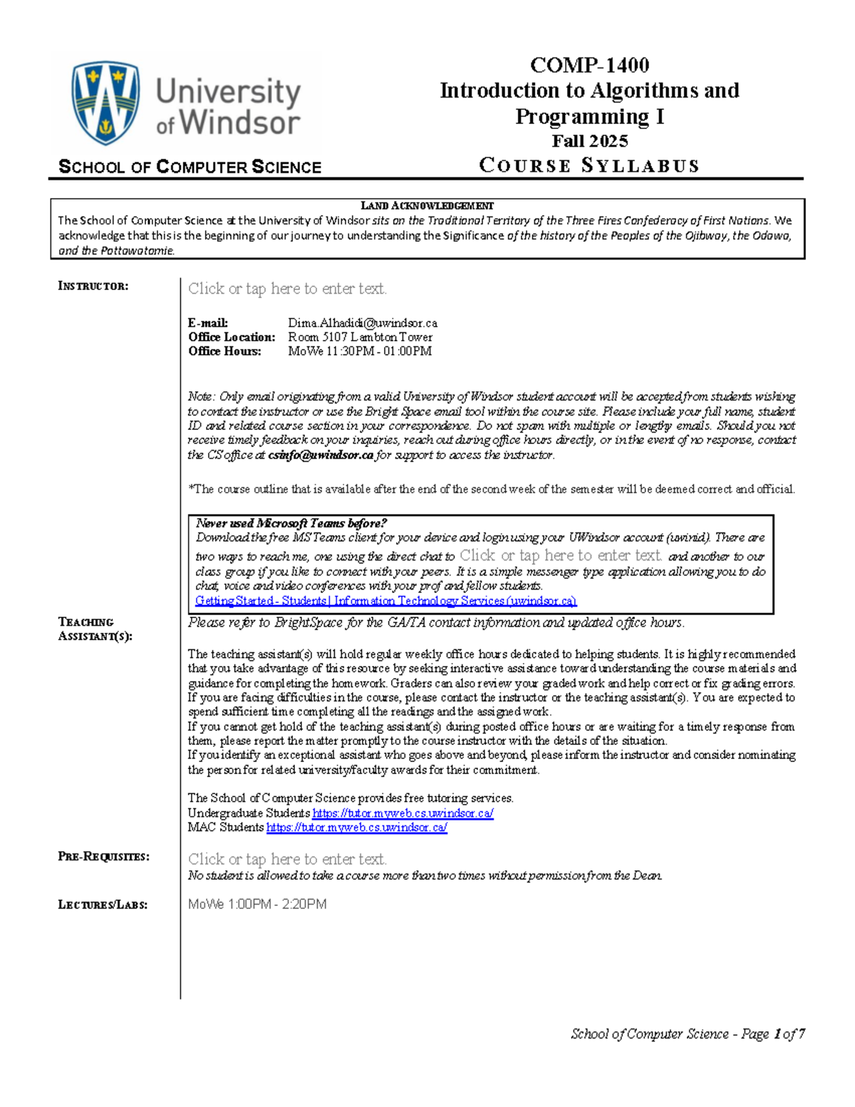 COMP1400 Course Syllabus - Introduction to Algorithms & Programming I ...