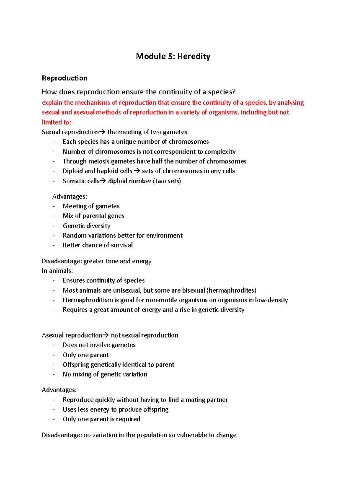 Bio Module Notes - Module 5: Heredity Reproduction How does ...