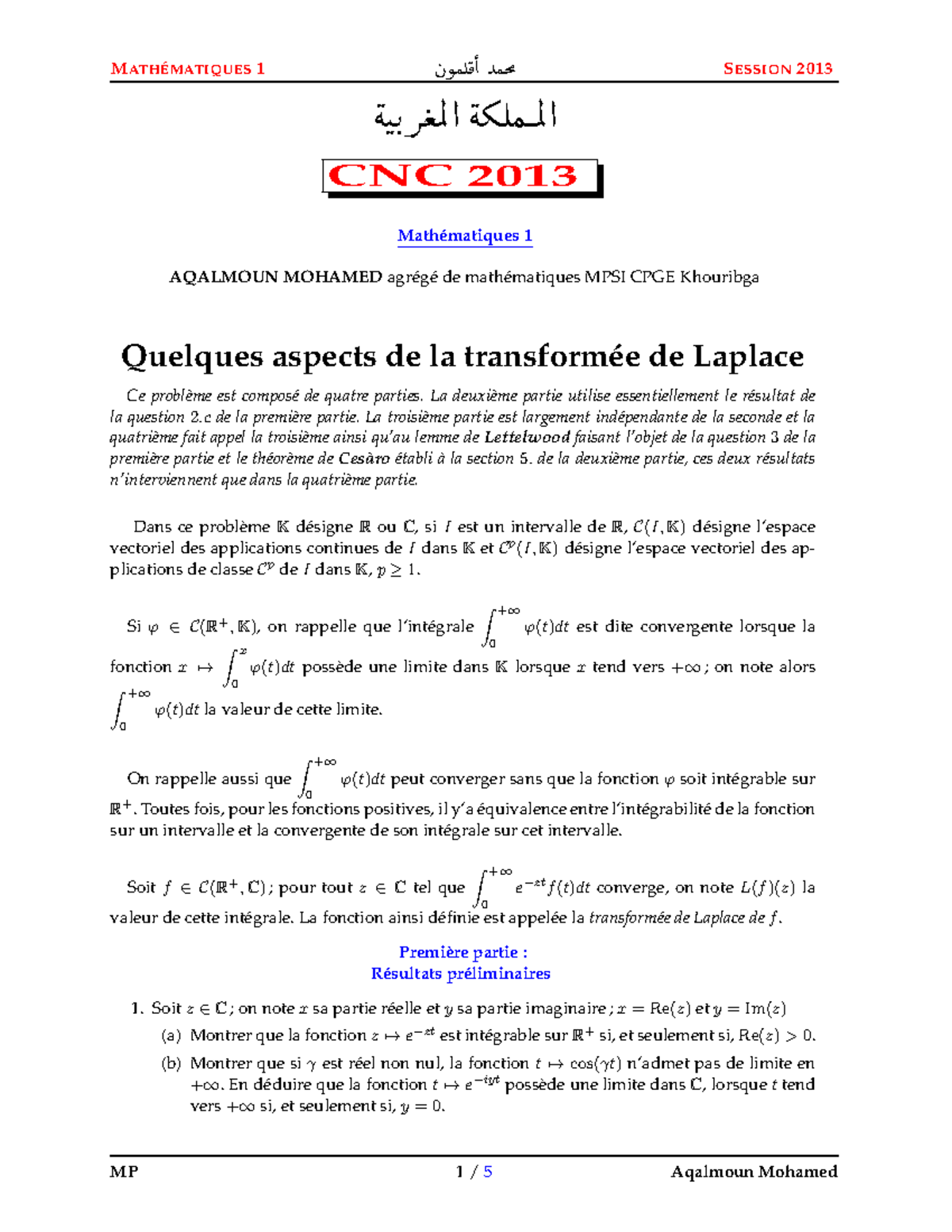 CNC 2013 Math-1 Final Exam Notes: Transformée de Laplace Concepts - Studocu