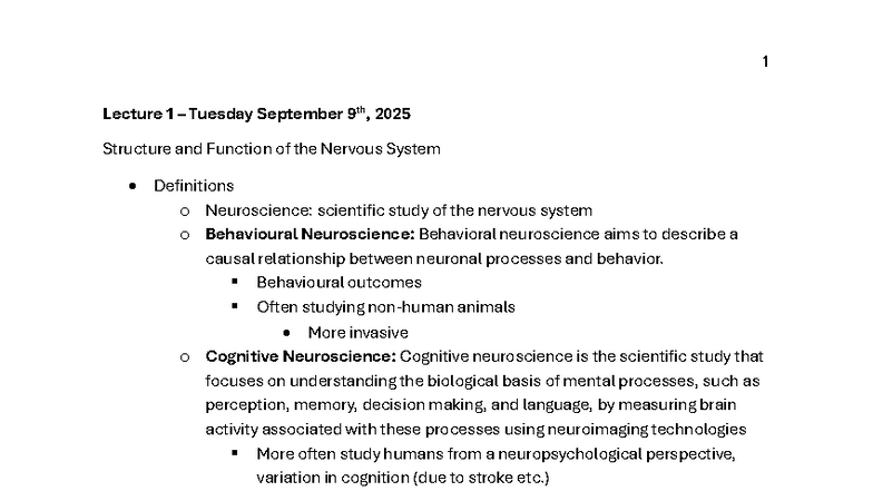 2220A Midterm Lecture Notes: Structure & Function of the Nervous System ...