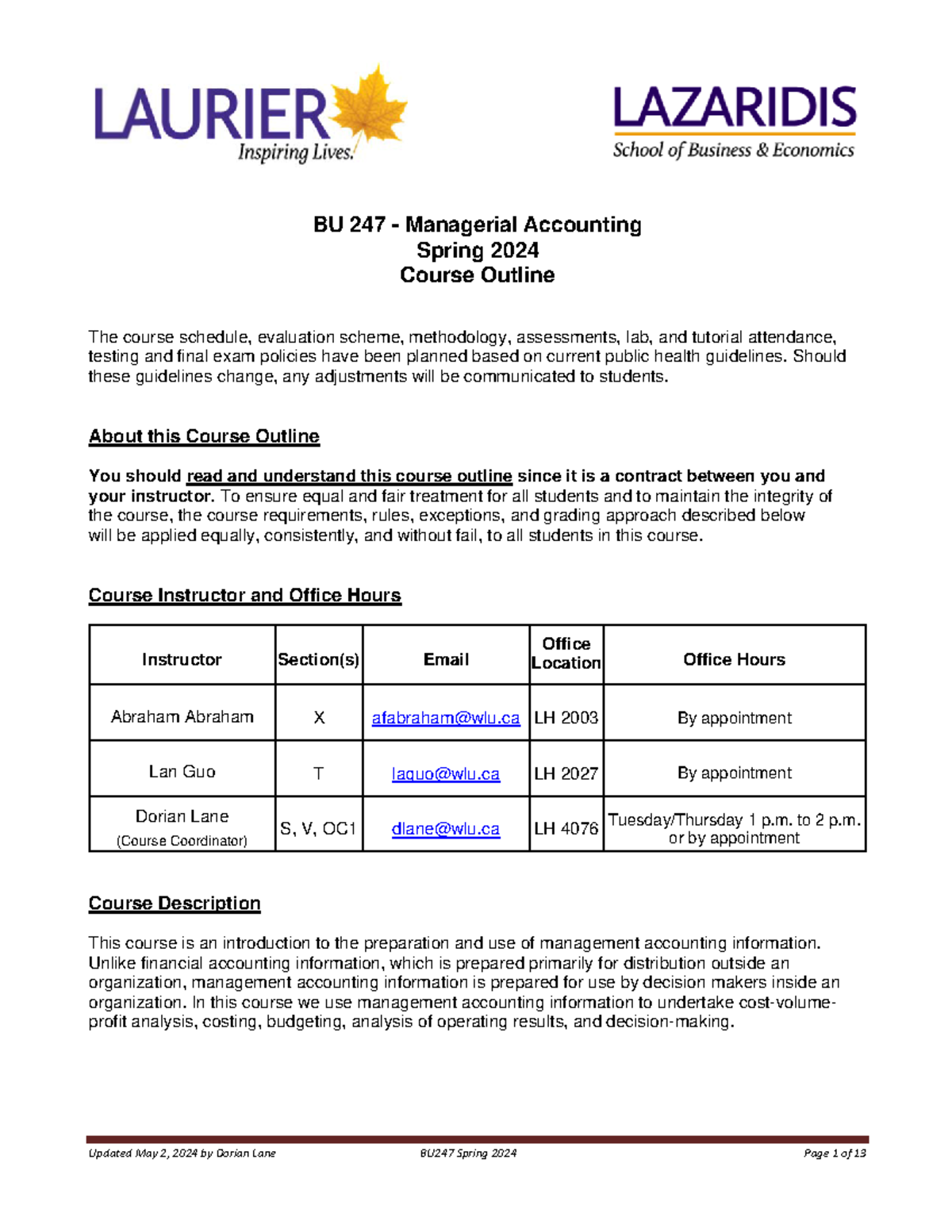 BU247 Managerial Accounting Course Outline - Spring 2024 - Studocu